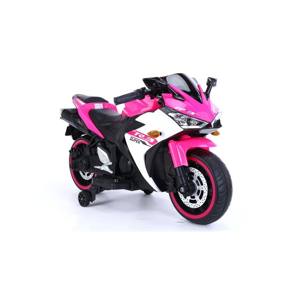 ES-Toys Elektro Kindermotorrad 888 – 12V 4,5A Akku – mit Stützräder, Musik und Lichter -Pink