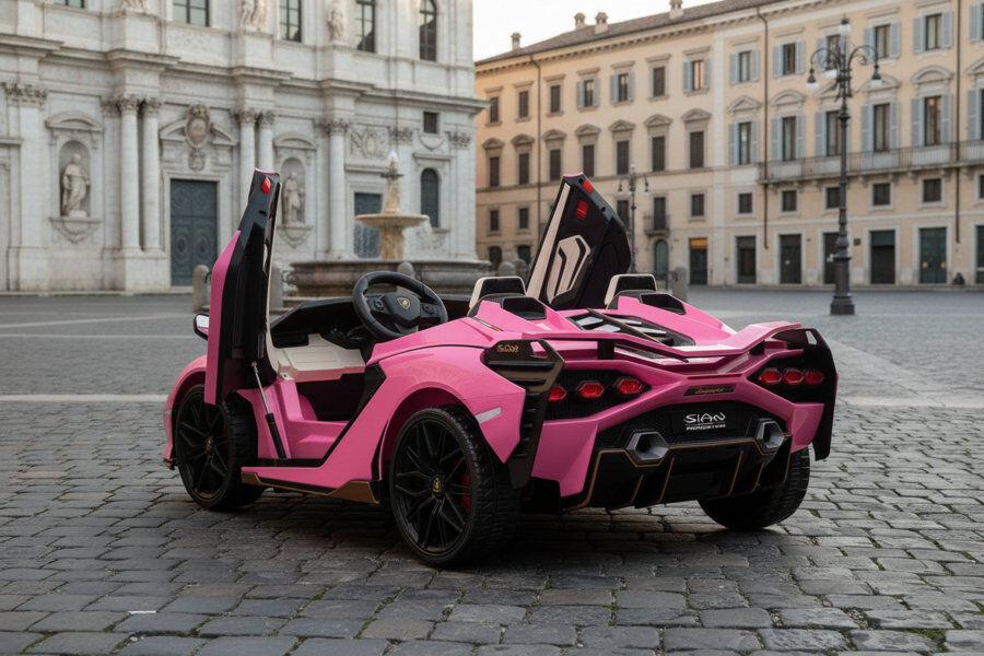 ES-Toys Kinderfahrzeug – Elektro Auto „Lamborghini SIAN 2 Sitzer“ – lizenziert – 24V Akku, 4 Motoren- 2,4Ghz Fernsteuerung, MP3, Ledersitz+EVA – Orange