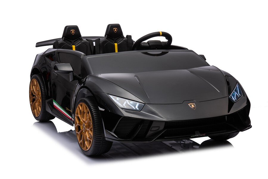 ES-Toys Kinderfahrzeug – Elektro Auto „Lamborghini Huracan Spider 2 Sitzer“ – lizenziert – 12V10AH, 4 Motoren- 2,4Ghz Fernsteuerung, MP3, Ledersitz+EVA – Schwarz