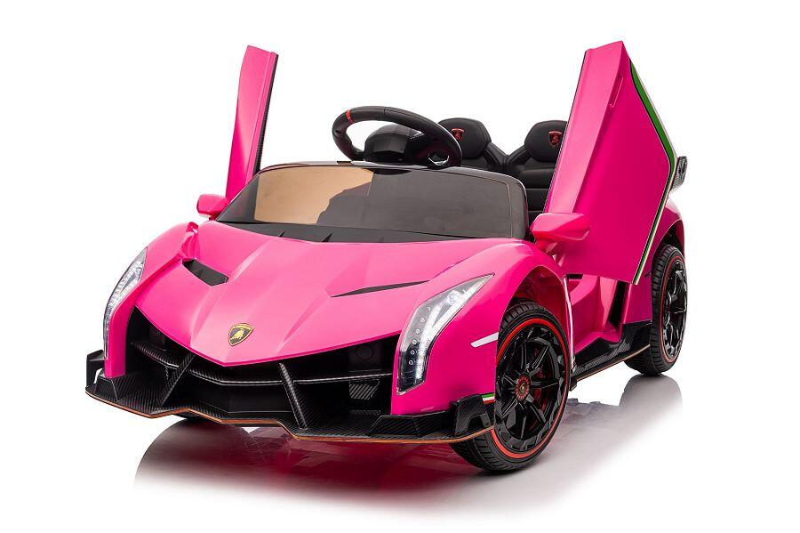 ES-Toys Kinderfahrzeug – Elektro Auto „Lamborghini Veneno 615B“ – lizenziert – 12V7AH, 4 Motoren- 2,4Ghz Fernsteuerung, MP3, Ledersitz+EVA – Pink