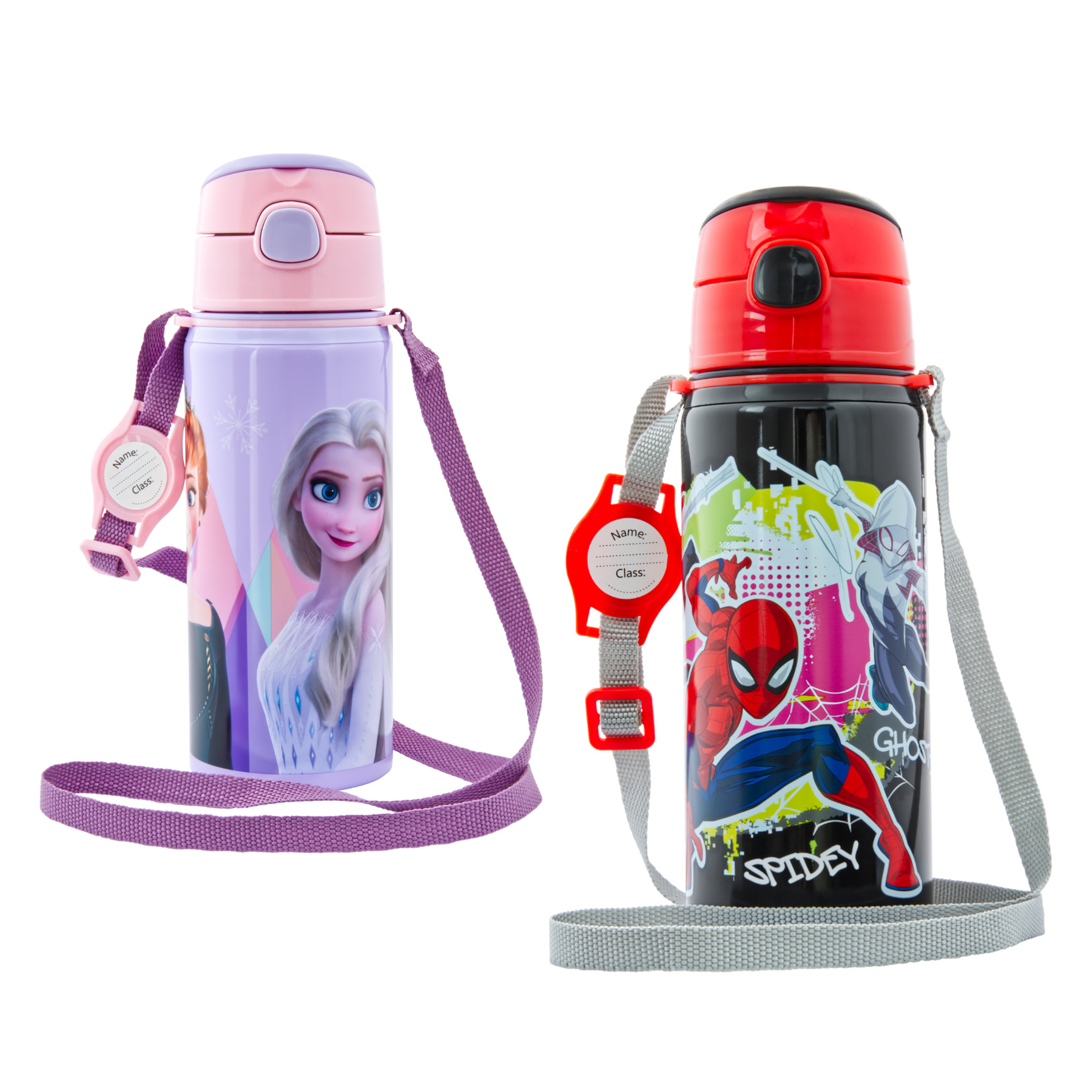 miniHeld Trinkflaschen-Set Elsa (Frozen) + Spiderman schwarz, 2 Kinder Trinkflaschen Aluminium mit Tragegurt