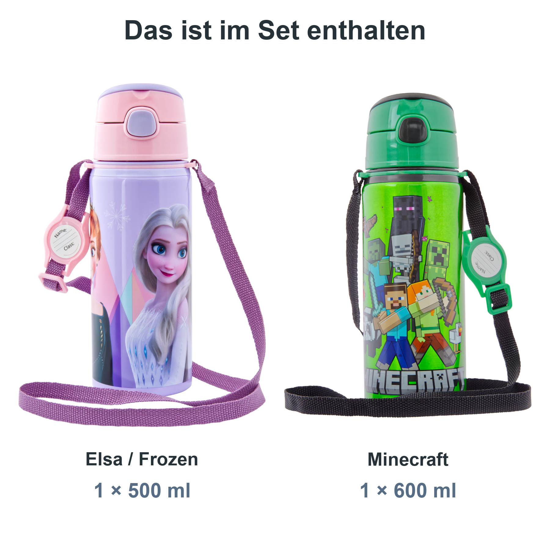 miniHeld Trinkflaschen-Set Elsa (Frozen) + Minecraft, 2 Kinder Trinkflaschen Aluminium mit Tragegurt miniHeld Trinkflaschen-Set Elsa (Frozen) + Minecraft, 2 Kinder Trinkflaschen Aluminium mit Tragegurt