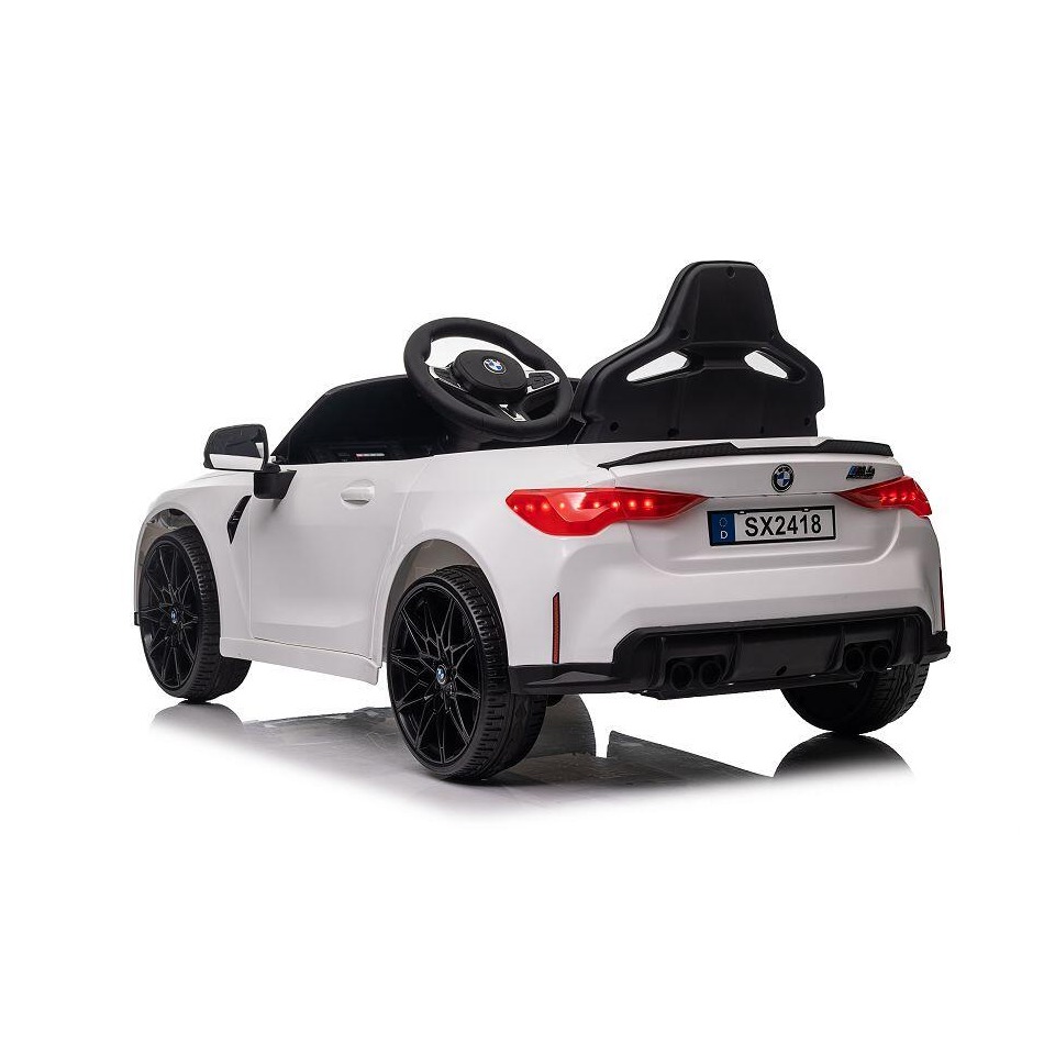ES-Toys Kinderauto Elektrisch „BMW M4“ – lizenziert – 12V7A Akku, 2 Motoren- 2,4Ghz Fernsteuerung, MP3, Ledersitz+EVA – Weiss