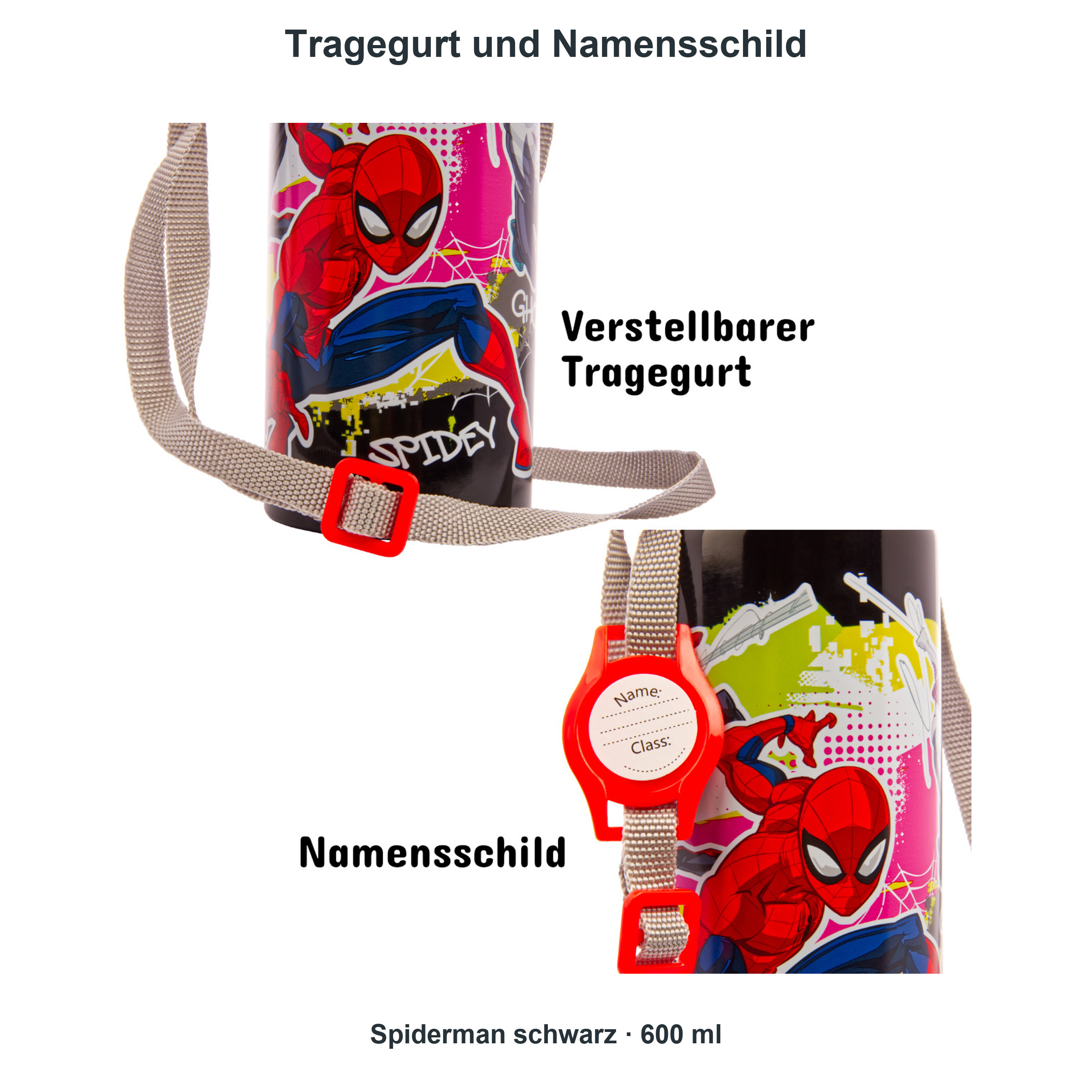 miniHeld Trinkflaschen-Set Spiderman schwarz 2er-Pack, 2 Kinder Trinkflaschen Aluminium mit Tragegurt miniHeld Trinkflaschen-Set Spiderman schwarz 2er-Pack, 2 Kinder Trinkflaschen Aluminium mit Tragegurt
