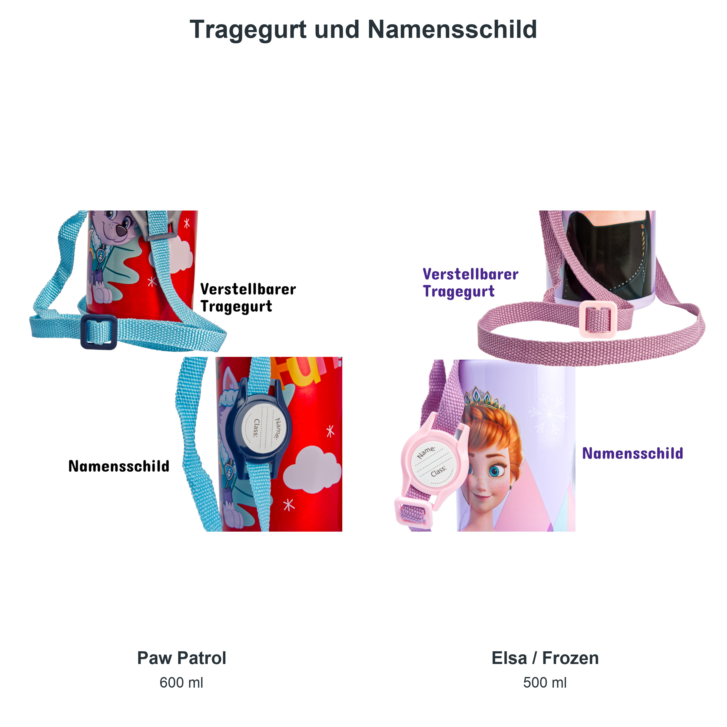 miniHeld Trinkflaschen-Set Paw Patrol + Elsa (Frozen), 2 Kinder Trinkflaschen Aluminium mit Tragegurt