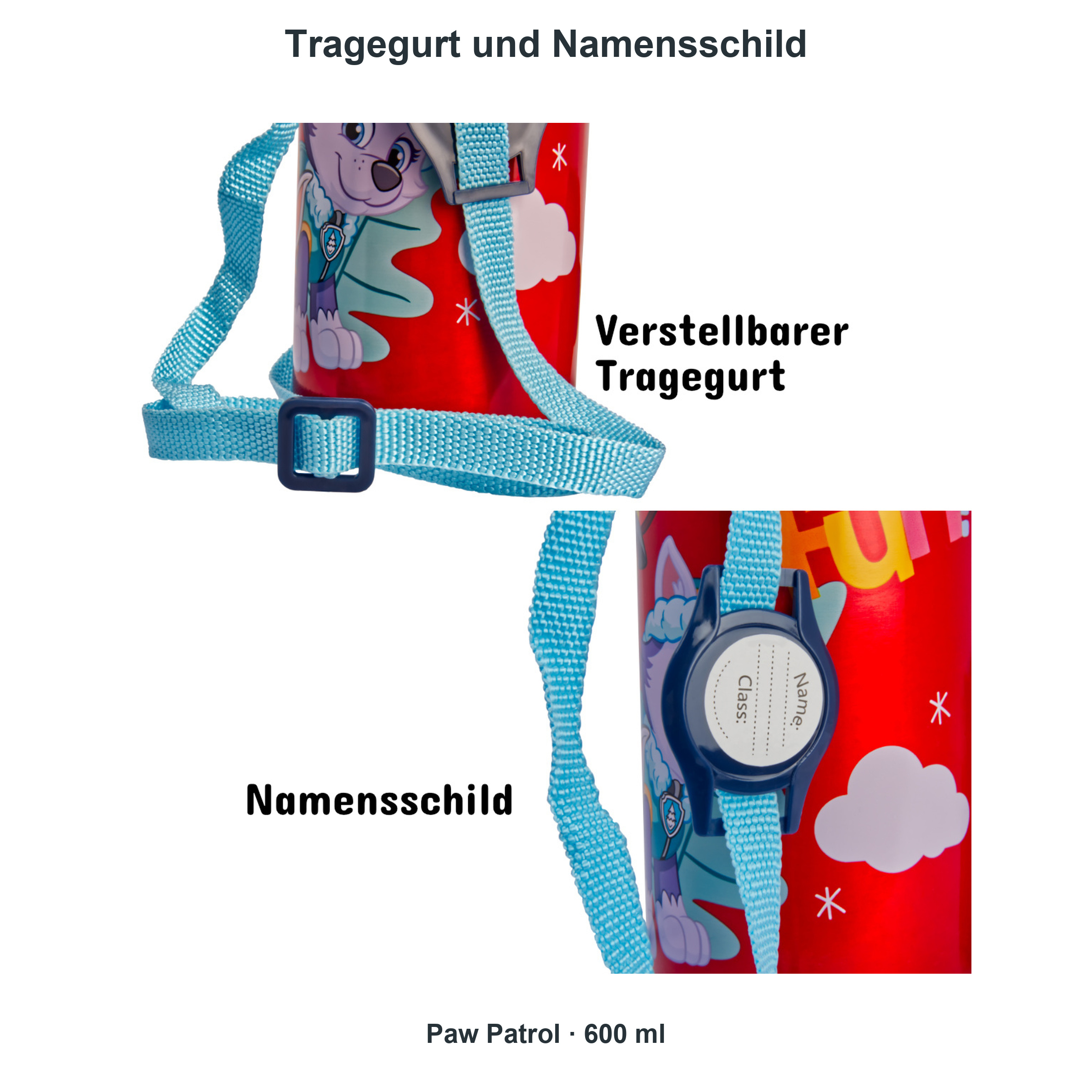 miniHeld Trinkflaschen-Set Paw Patrol 2er-Pack, 2 Kinder Trinkflaschen Aluminium mit Tragegurt