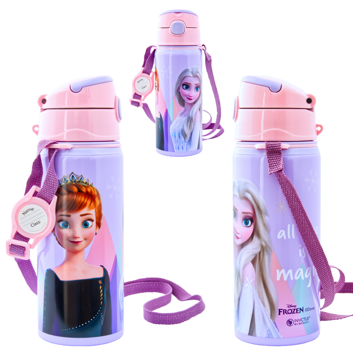 Kinder Trinkflasche Frozen 600ml Aluminium Flasche Tragegurt Elsa Anna