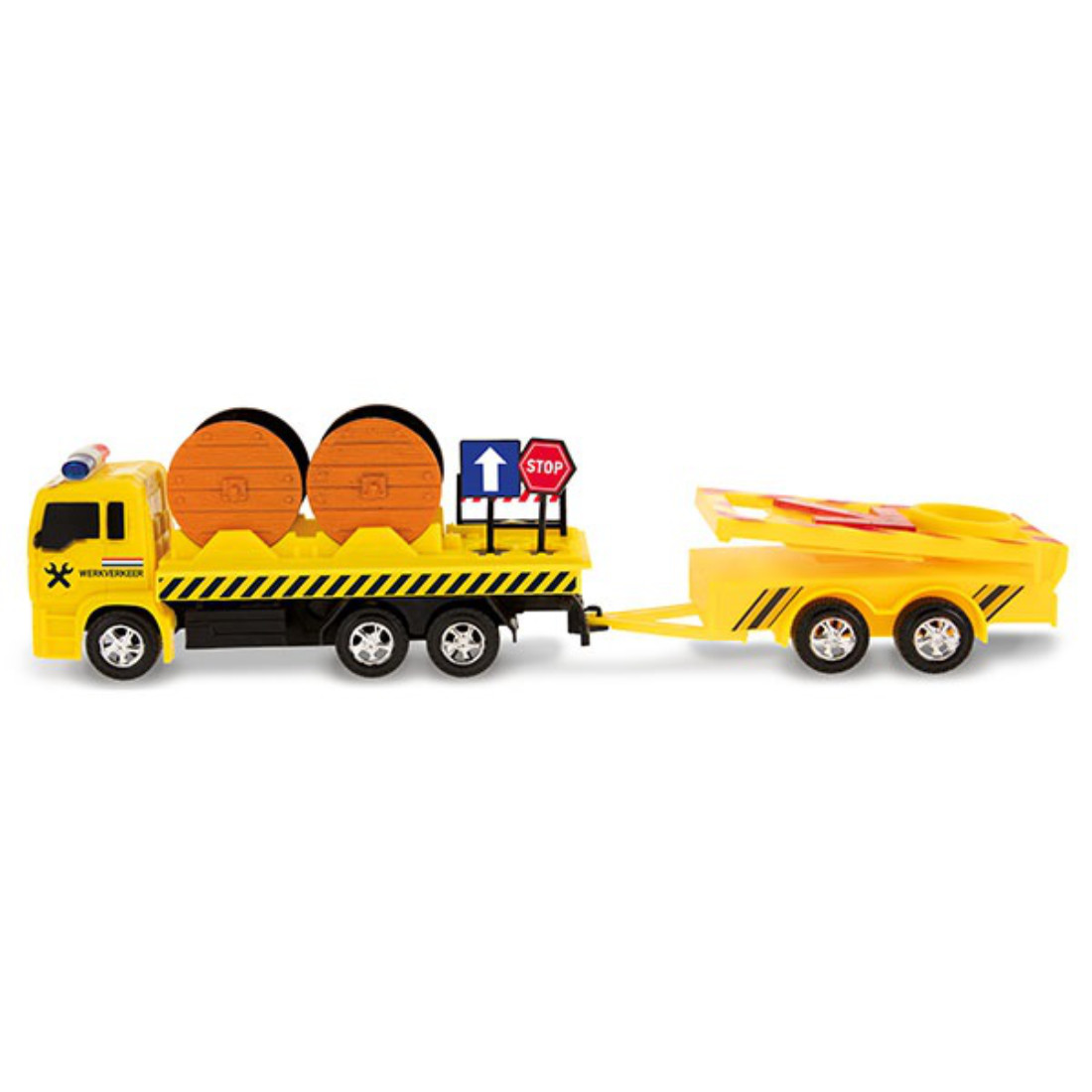 Lastwagen Baufahrzeug mit Anhänger Warnlicht Straßenschilder