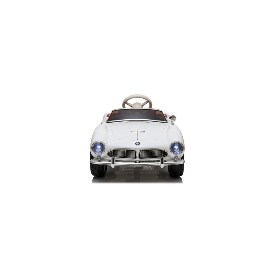 ES-Toys Kinderfahrzeug – Elektro Auto „BMW 507 Oldtimer“ – lizenziert – 12V7AH, 2 Motoren- 2,4Ghz Fernsteuerung, MP3, Ledersitz+EVA – Weiss