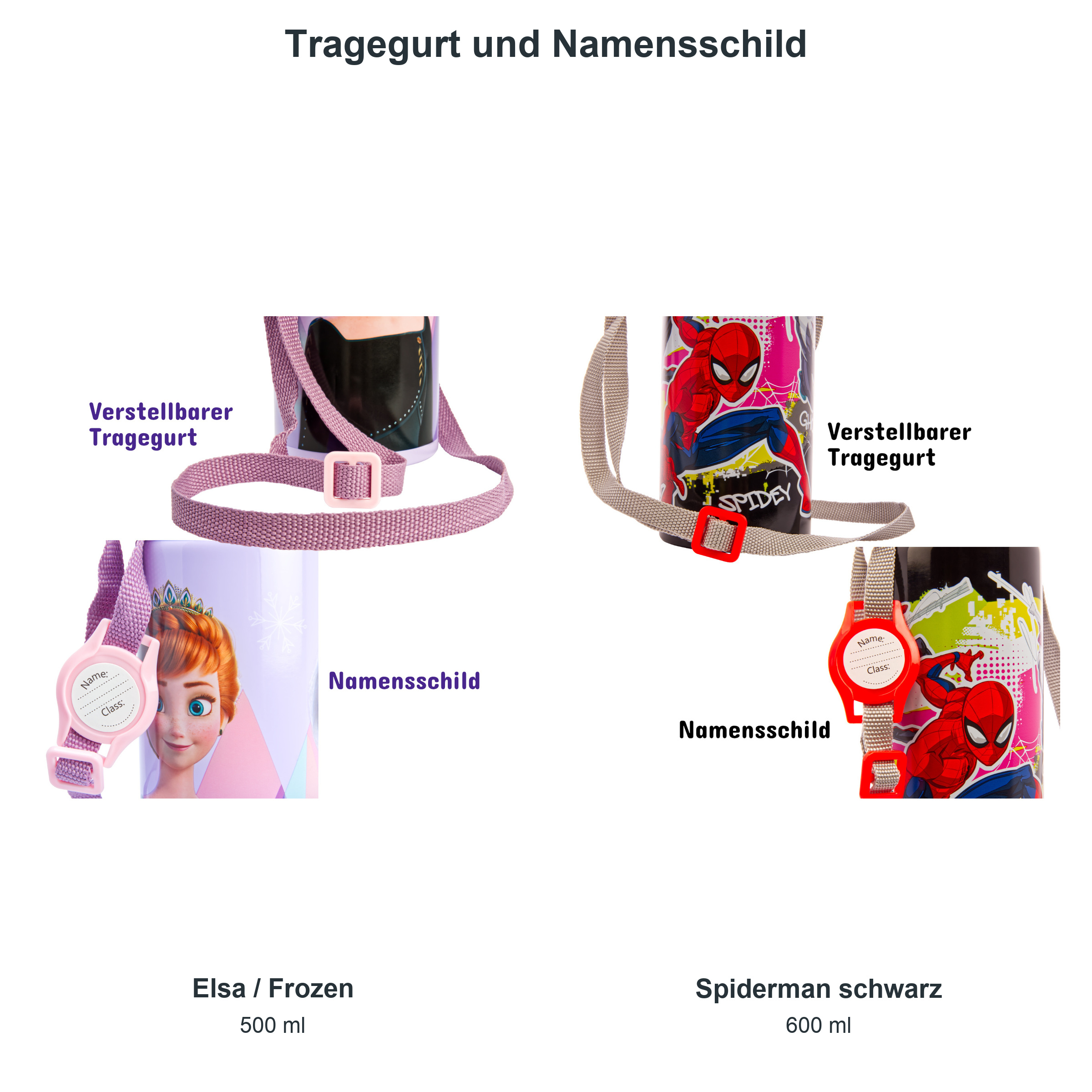 miniHeld Trinkflaschen-Set Elsa (Frozen) + Spiderman schwarz, 2 Kinder Trinkflaschen Aluminium mit Tragegurt miniHeld Trinkflaschen-Set Elsa (Frozen) + Spiderman schwarz, 2 Kinder Trinkflaschen Aluminium mit Tragegurt