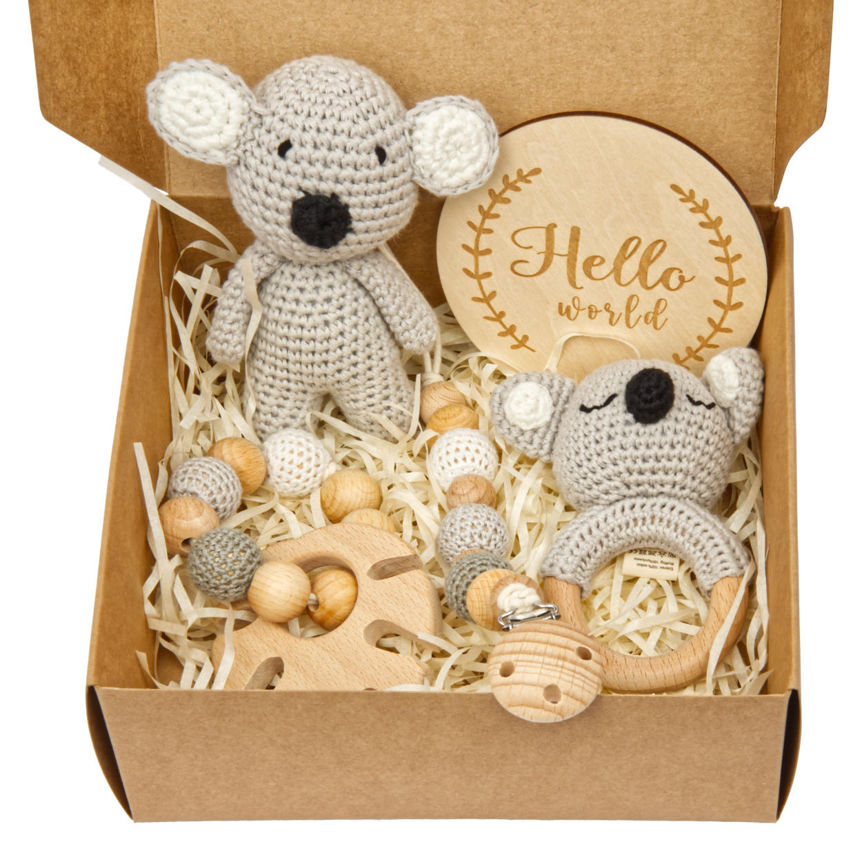 Handgestrickter Koala Lako Geschenkbox zur Geburt oder Babyparty Handgestrickter Koala Lako Geschenkbox zur Geburt oder Babyparty