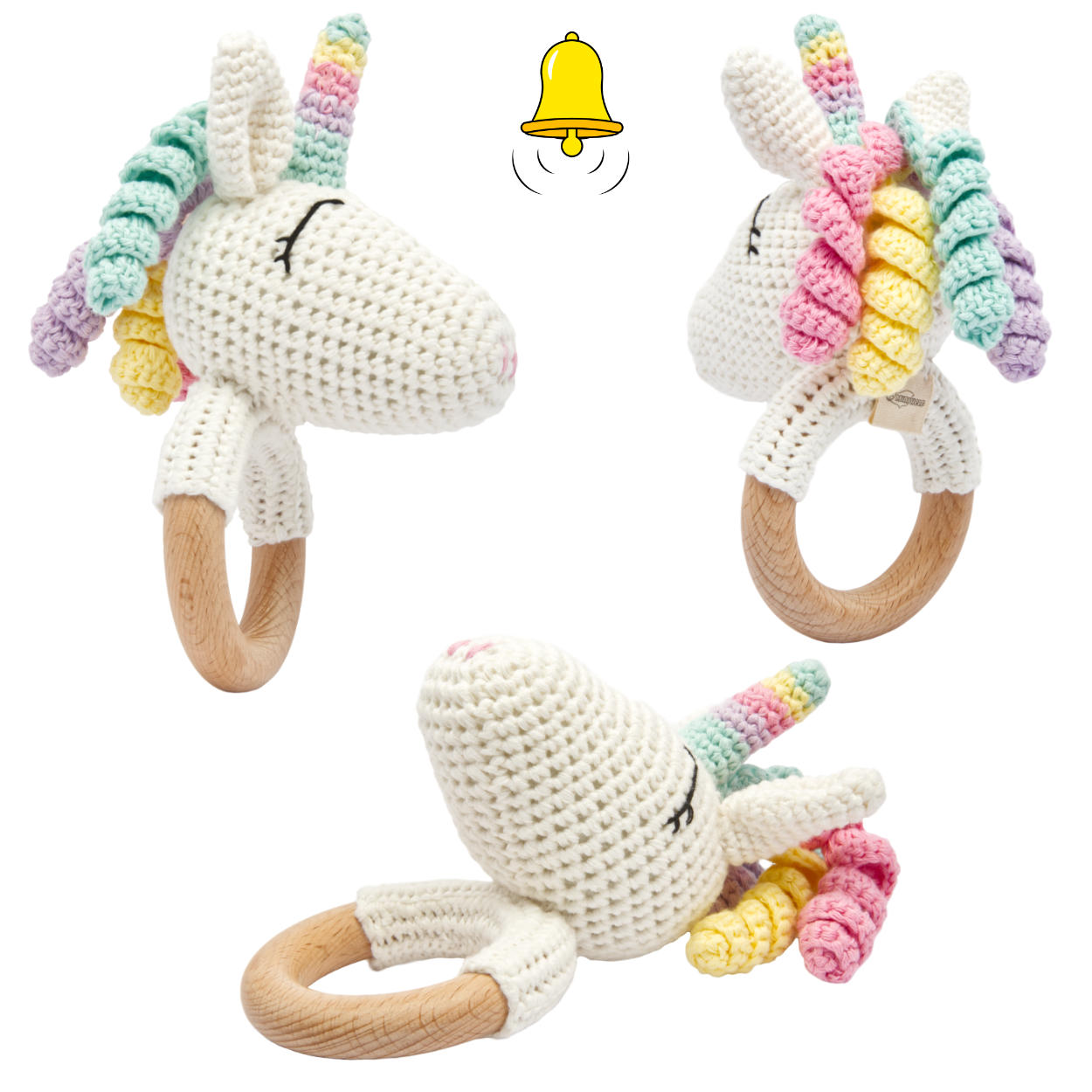 Handgestricktes Einhorn Rainbow Set Babyrassel Holz Baumwolle 16 cm Handgestricktes Einhorn Rainbow Set Babyrassel Holz Baumwolle 16 cm