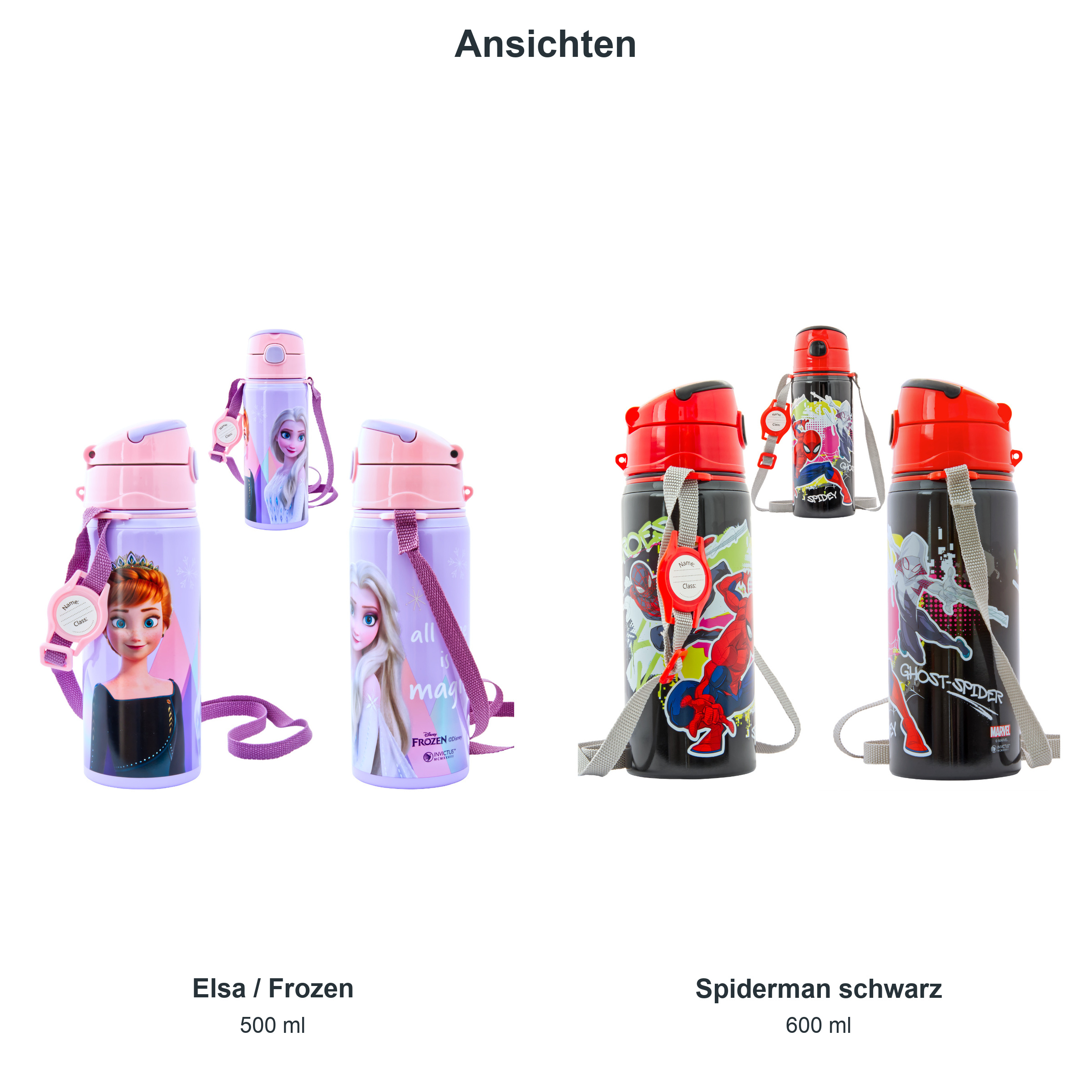 miniHeld Trinkflaschen-Set Elsa (Frozen) + Spiderman schwarz, 2 Kinder Trinkflaschen Aluminium mit Tragegurt miniHeld Trinkflaschen-Set Elsa (Frozen) + Spiderman schwarz, 2 Kinder Trinkflaschen Aluminium mit Tragegurt