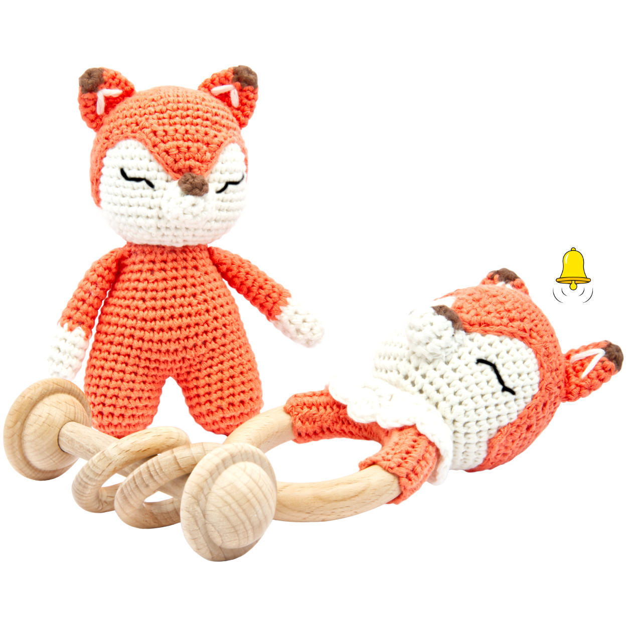 Handgestrickter Fuchs Fuzzy Set Babyrassel Holz Baumwolle 15 cm Handgestrickter Fuchs Fuzzy Set Babyrassel Holz Baumwolle 15 cm