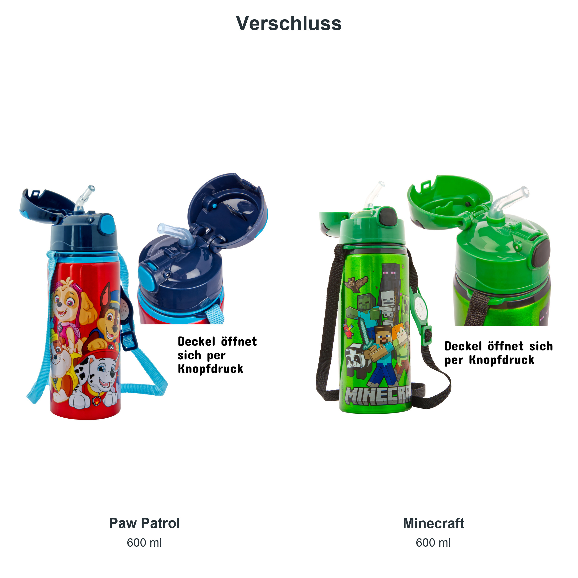 miniHeld Trinkflaschen-Set Paw Patrol + Minecraft, 2 Kinder Trinkflaschen Aluminium mit Tragegurt miniHeld Trinkflaschen-Set Paw Patrol + Minecraft, 2 Kinder Trinkflaschen Aluminium mit Tragegurt