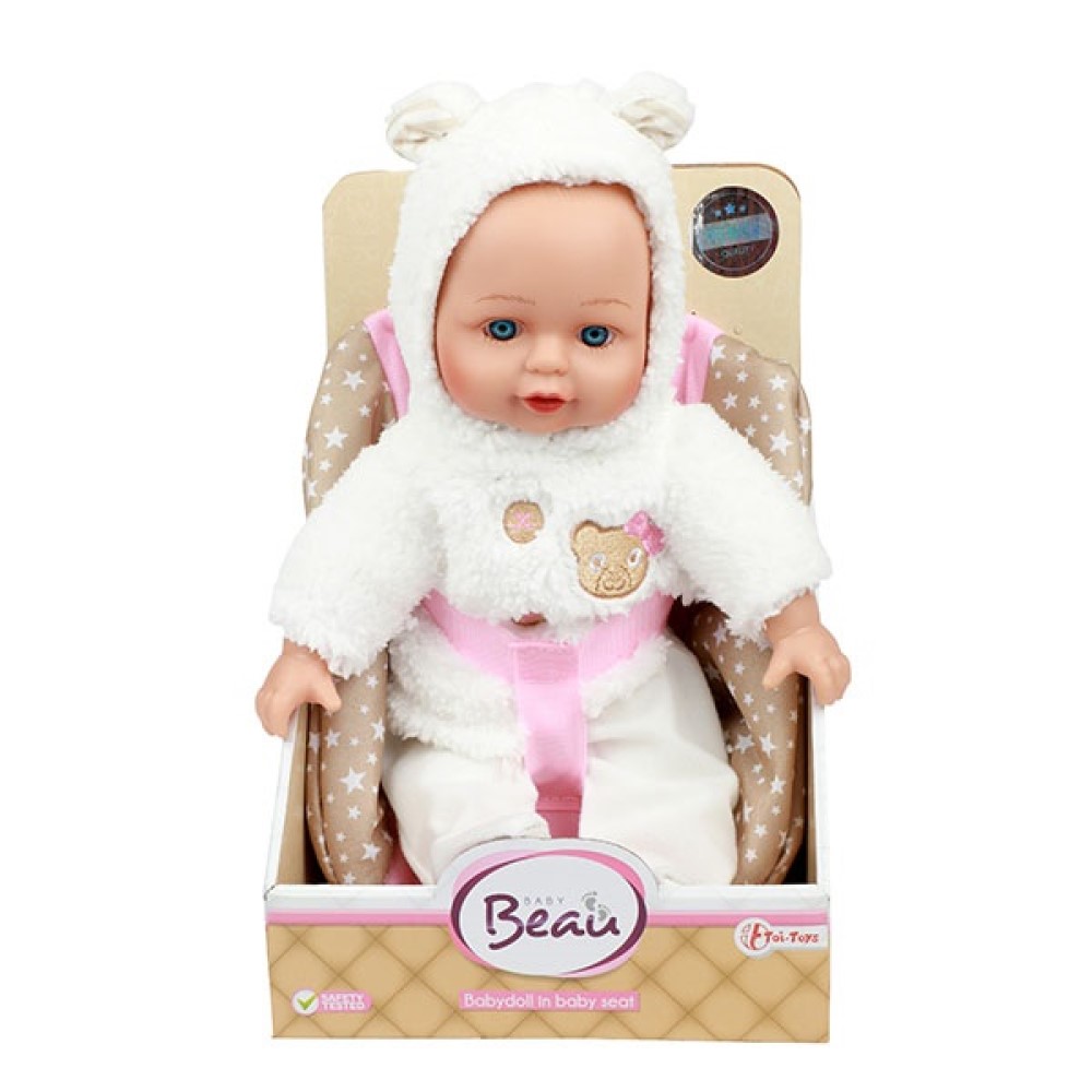 Babypuppe in Bären-Jacke und Kindersitz 33cm