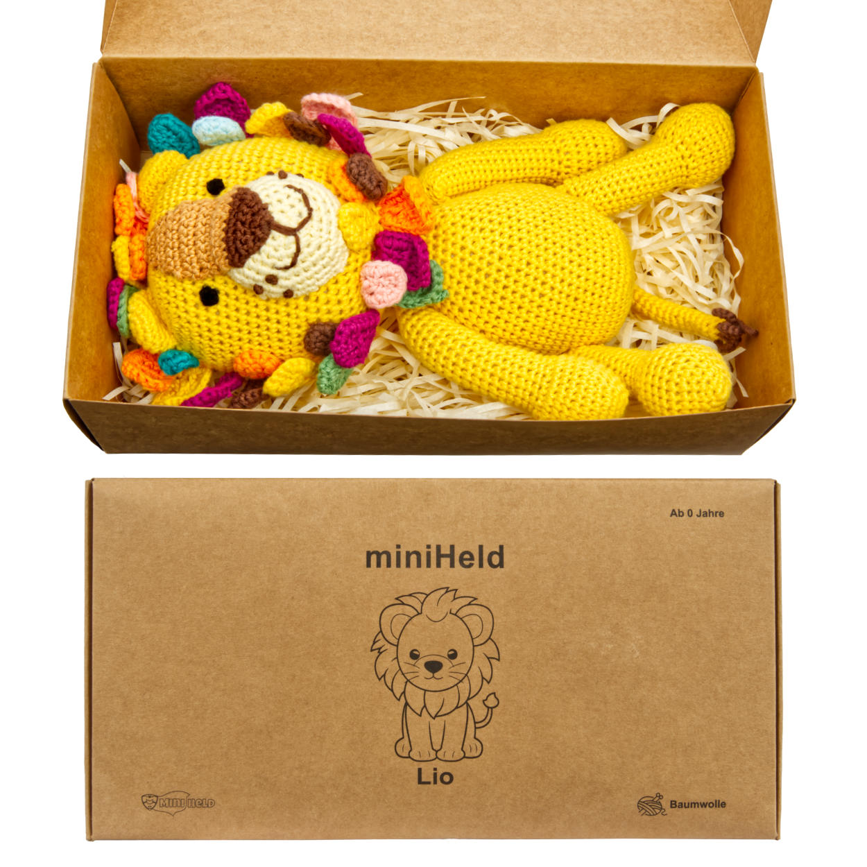 Handgestrickter Löwe "Lio" gehäkelt Spielzeug 28 cm aus Baumwolle