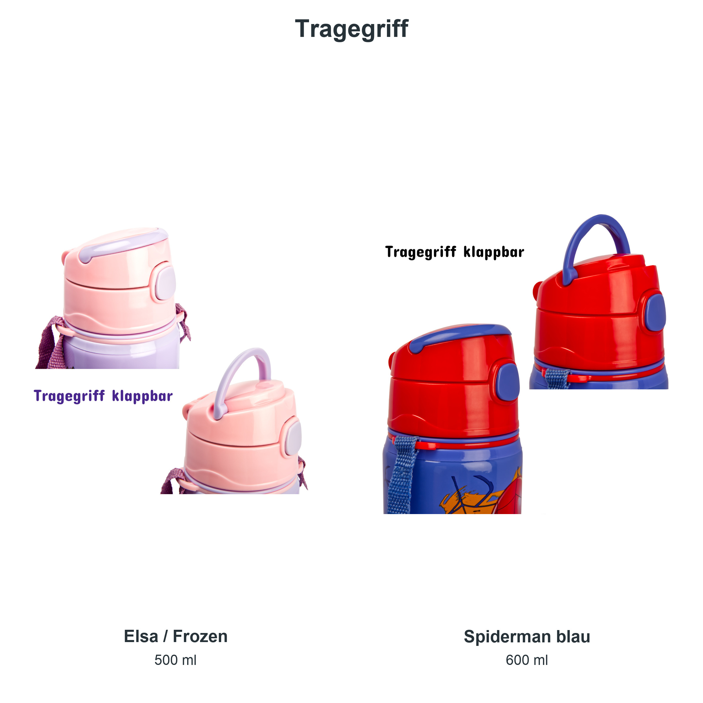 miniHeld Trinkflaschen-Set Elsa (Frozen) + Spiderman blau, 2 Kinder Trinkflaschen Aluminium mit Tragegurt