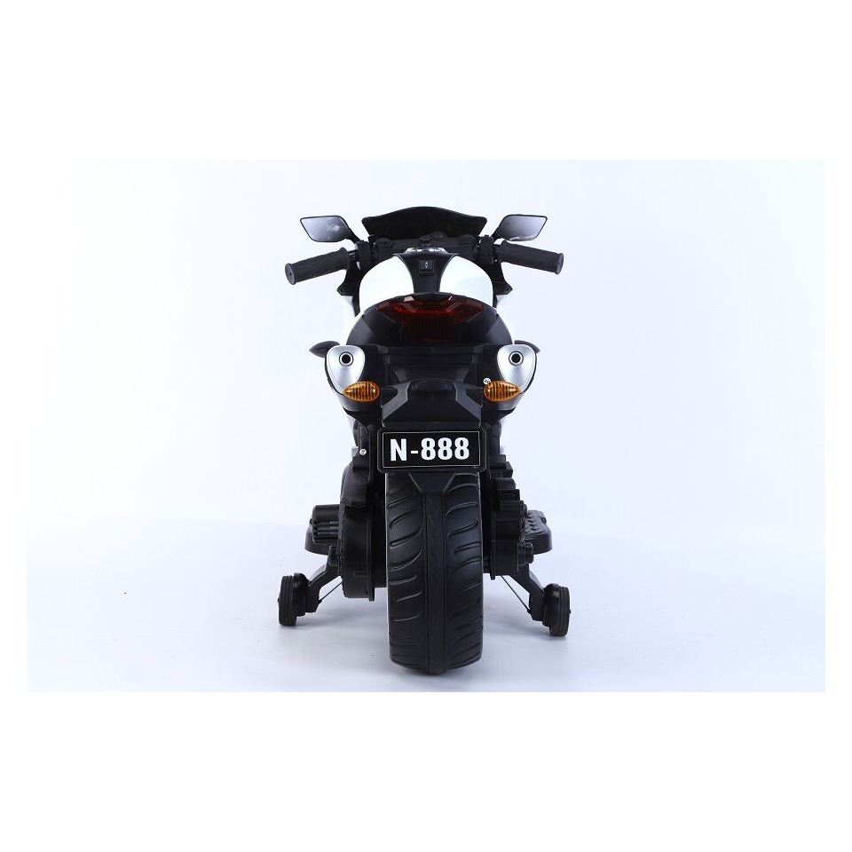 ES-Toys Elektro Kindermotorrad 888 – 12V 4,5A Akku – mit Stützräder, Musik und Lichter -Weiss