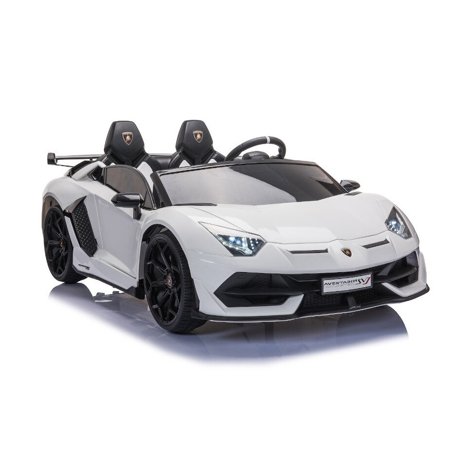 ES-Toys Kinderfahrzeug – Elektro Auto „Lamborghini Aventador SVJ Doppelsitzer“ – lizenziert – 12V7AH, 2 Motoren- 2,4Ghz Fernsteuerung, MP3, Ledersitz+EVA+Lackiert – Weiss