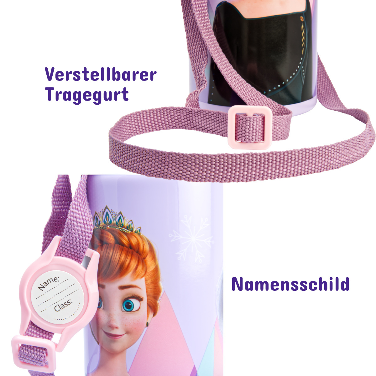 Kinder Trinkflasche Frozen 600ml Aluminium Flasche Tragegurt Elsa Anna