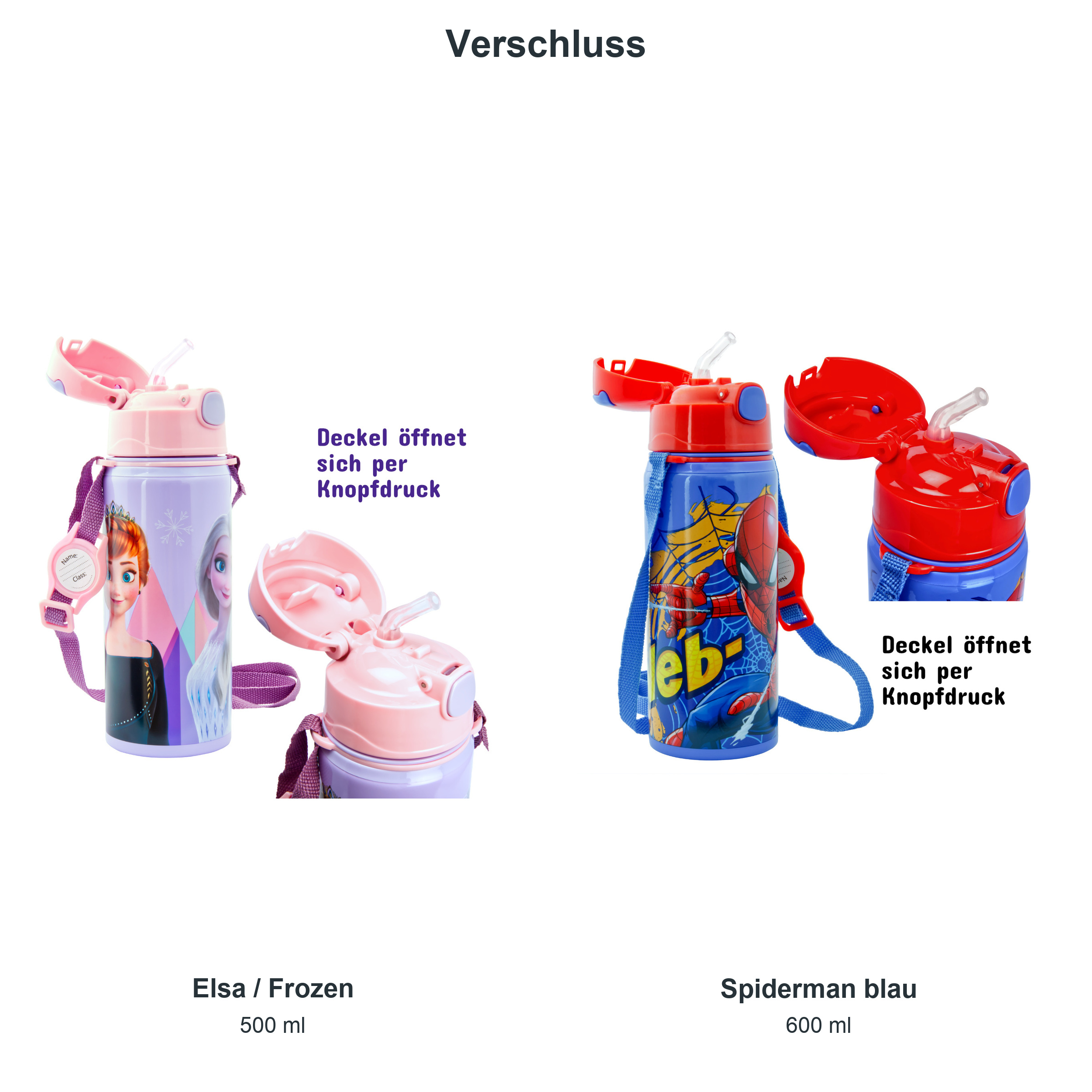 miniHeld Trinkflaschen-Set Elsa (Frozen) + Spiderman blau, 2 Kinder Trinkflaschen Aluminium mit Tragegurt