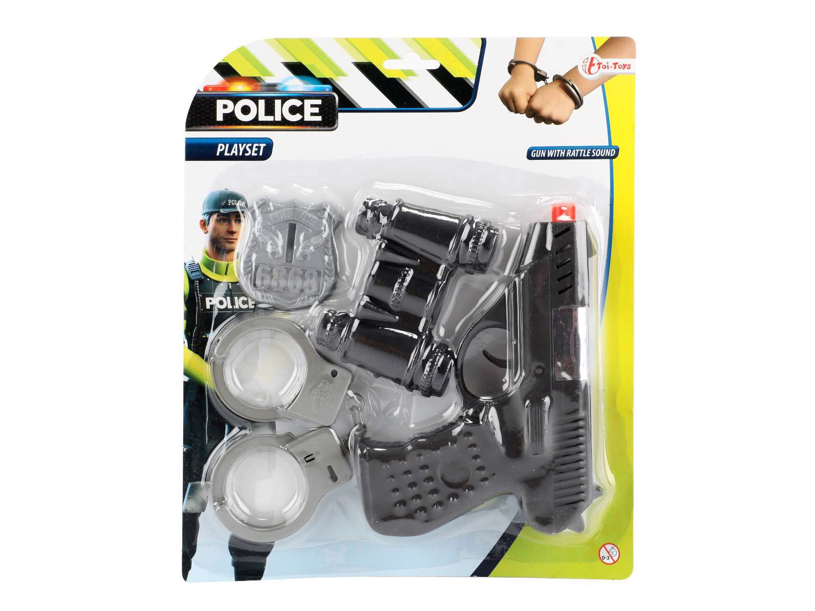 Polizei Spielset mit 4 Teilen. Spielzeugpistole, Handschellen, Schild und Fernglas