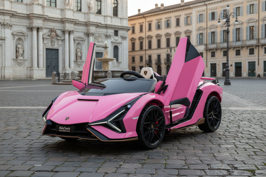 ES-Toys Kinderfahrzeug – Elektro Auto „Lamborghini SIAN 2 Sitzer“ – lizenziert – 24V Akku, 4 Motoren- 2,4Ghz Fernsteuerung, MP3, Ledersitz+EVA – Orange