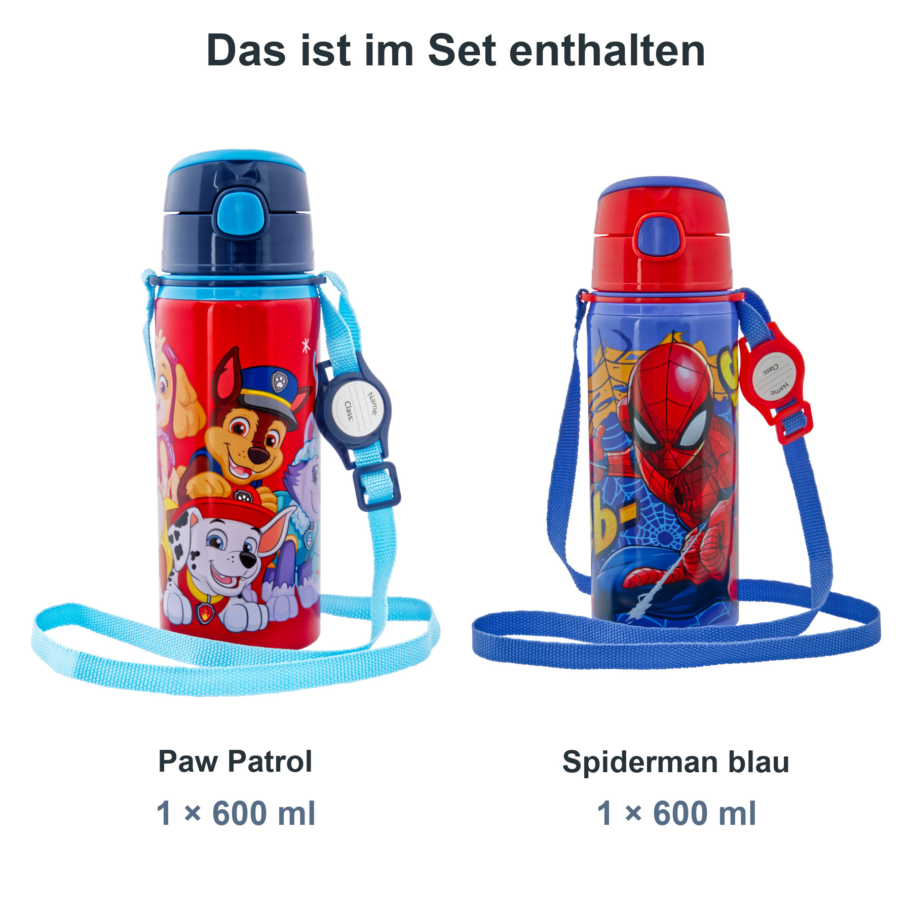 miniHeld Trinkflaschen-Set Paw Patrol + Spiderman blau, 2 Kinder Trinkflaschen Aluminium mit Tragegurt miniHeld Trinkflaschen-Set Paw Patrol + Spiderman blau, 2 Kinder Trinkflaschen Aluminium mit Tragegurt