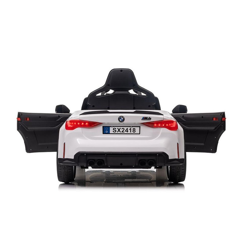 ES-Toys Kinderauto Elektrisch „BMW M4“ – lizenziert – 12V7A Akku, 2 Motoren- 2,4Ghz Fernsteuerung, MP3, Ledersitz+EVA – Weiss