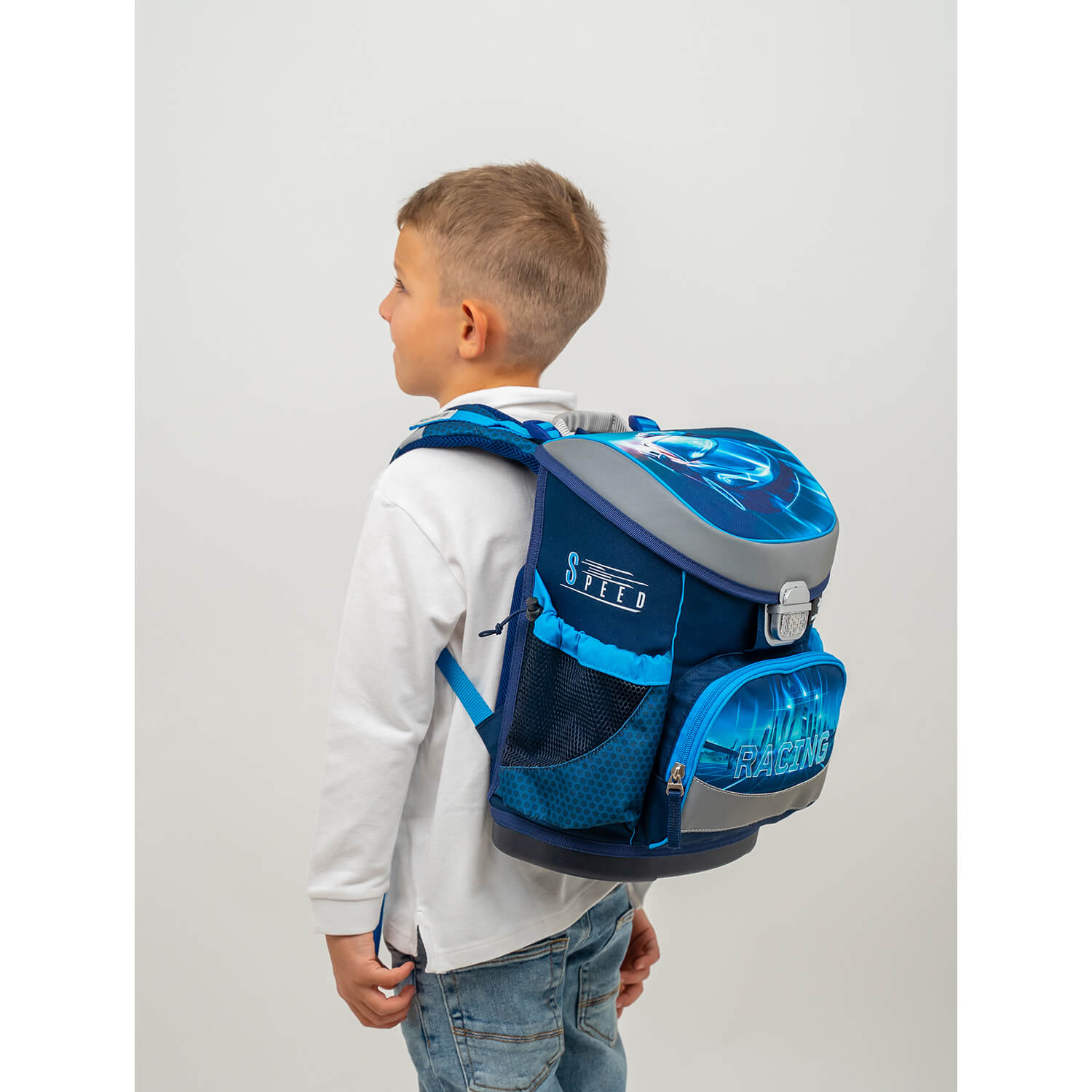 Belmil Mini-Fit ergonomisches Schulranzen-Set 4-teilig "Racing Blue Neon" mit Brustgurt Belmil Mini-Fit ergonomisches Schulranzen-Set 4-teilig "Racing Blue Neon" mit Brustgurt