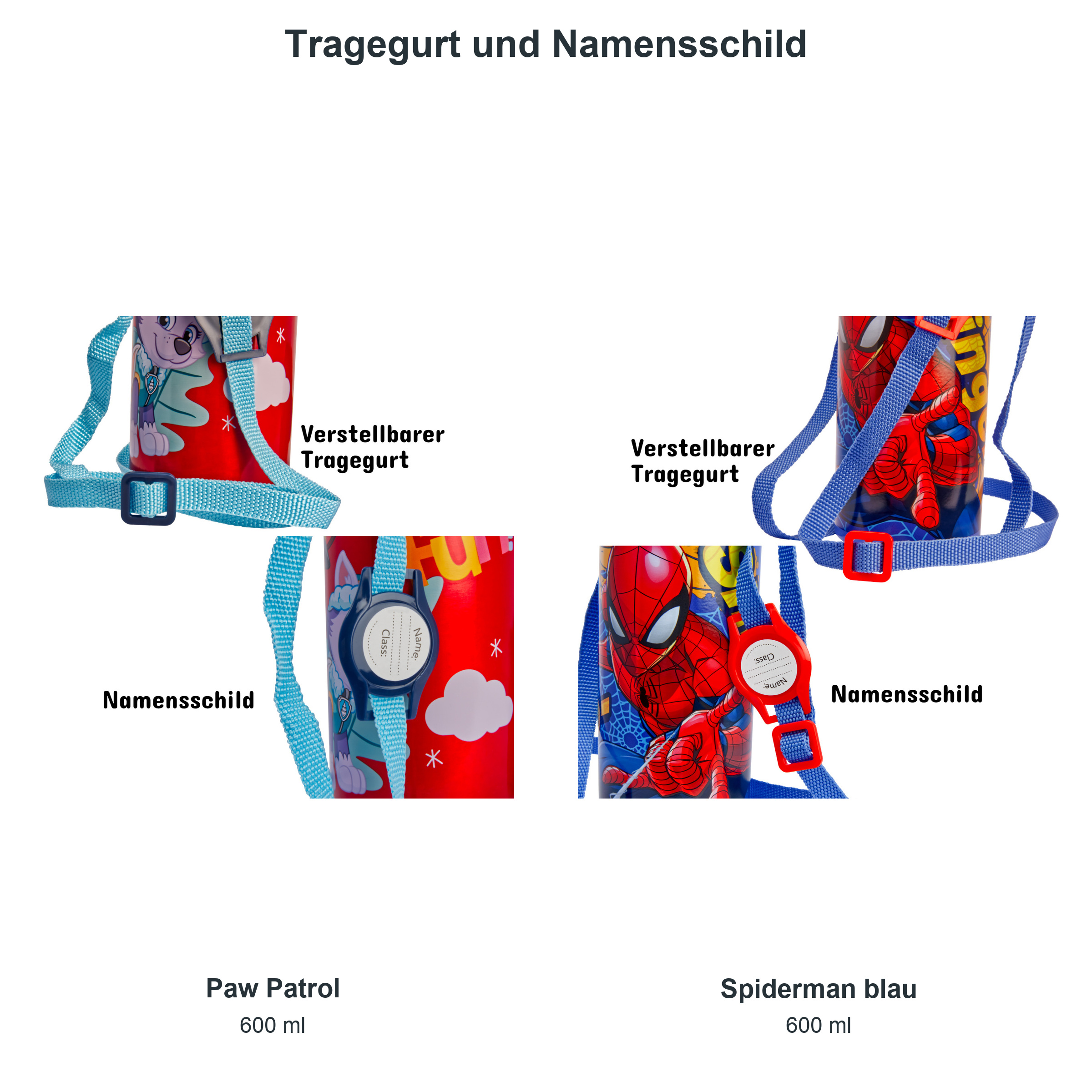 miniHeld Trinkflaschen-Set Paw Patrol + Spiderman blau, 2 Kinder Trinkflaschen Aluminium mit Tragegurt miniHeld Trinkflaschen-Set Paw Patrol + Spiderman blau, 2 Kinder Trinkflaschen Aluminium mit Tragegurt