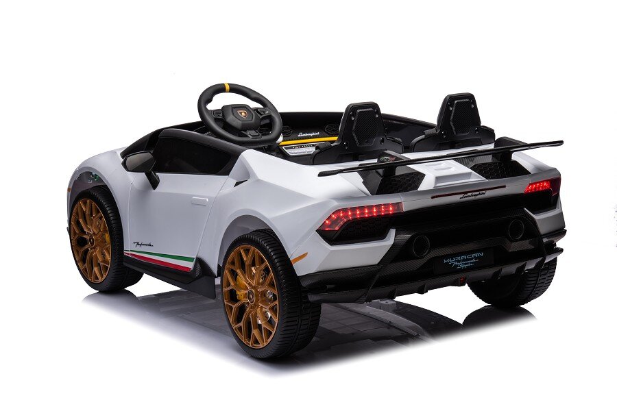 ES-Toys Kinderfahrzeug – Elektro Auto „Lamborghini Huracan Spider 2 Sitzer“ – lizenziert – 12V10AH, 4 Motoren- 2,4Ghz Fernsteuerung, MP3, Ledersitz+EVA – Schwarz