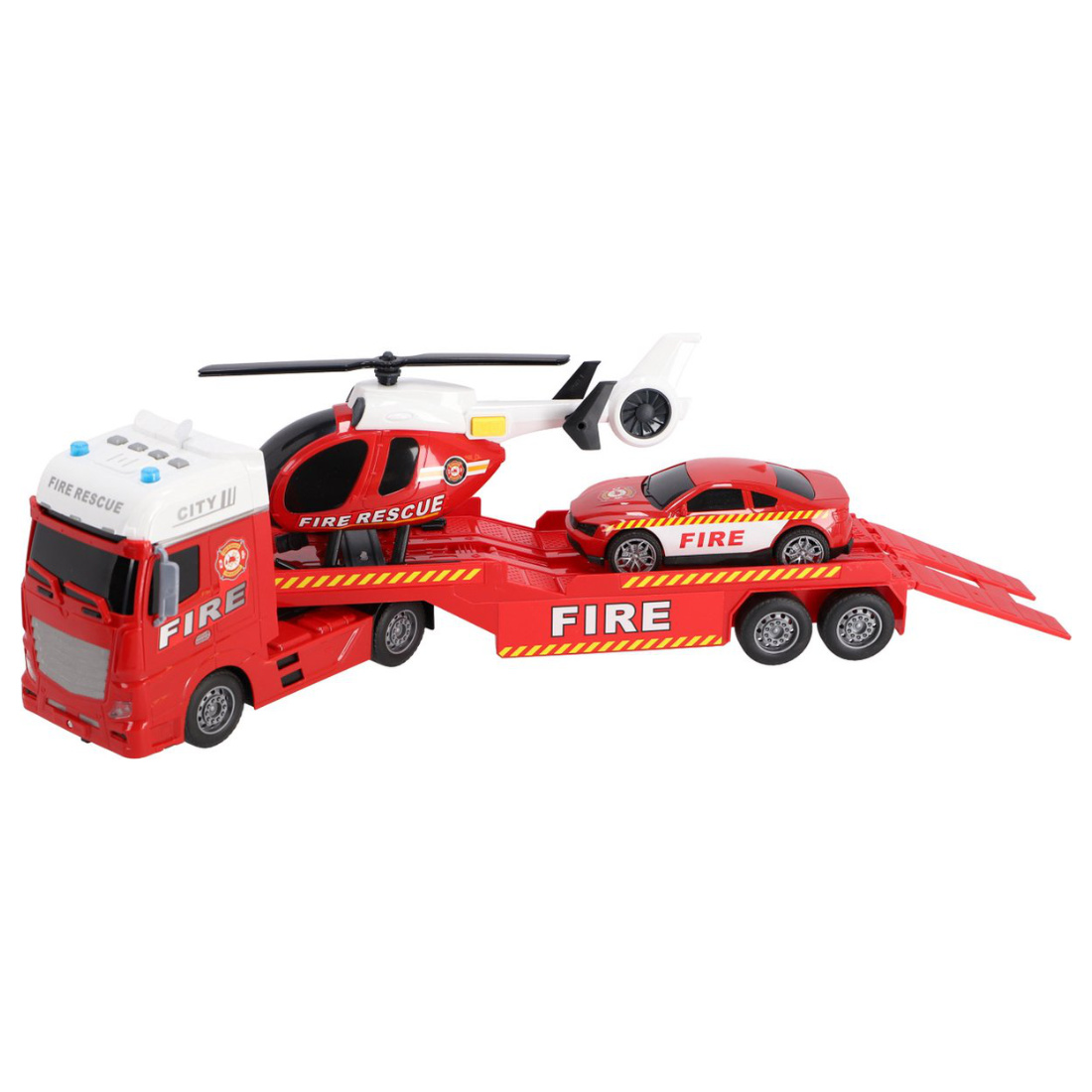 Feuerwehr Autotransporter 54 cm Auto Hubschrauber mit Licht und Sound