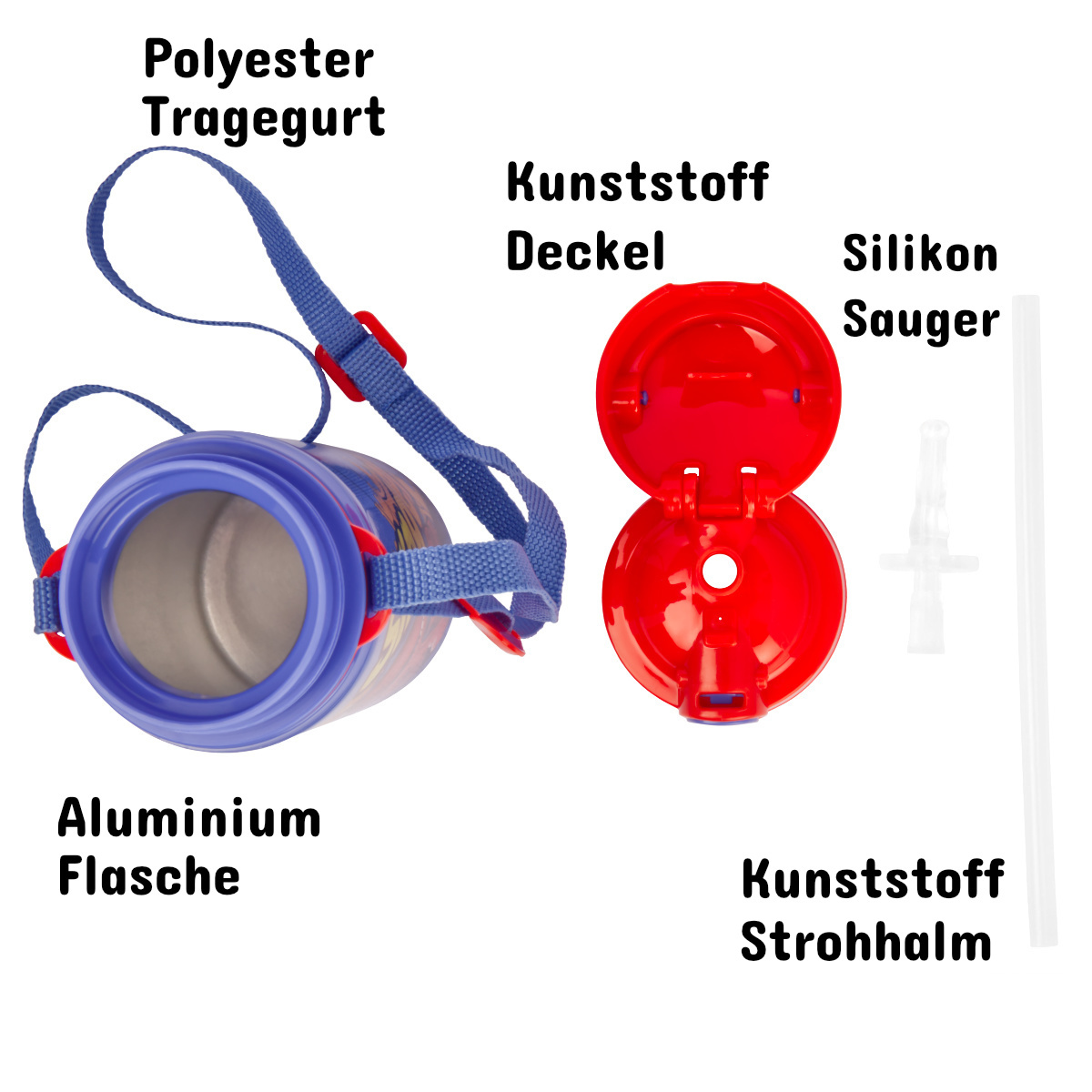 Trinkflasche Spiderman Blau mit Tragegurt Aluminium 600ml Schule Sport Trinkflasche Spiderman Blau mit Tragegurt Aluminium 600ml Schule Sport