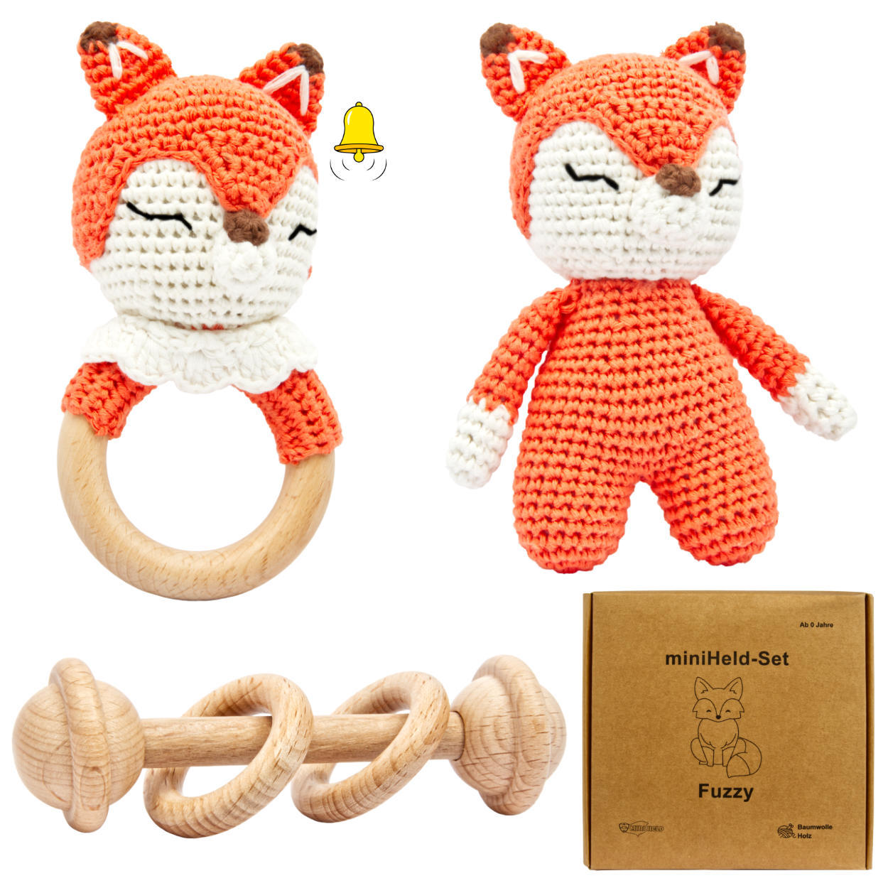 Handgestrickter Fuchs Fuzzy Set Babyrassel Holz Baumwolle 15 cm Handgestrickter Fuchs Fuzzy Set Babyrassel Holz Baumwolle 15 cm