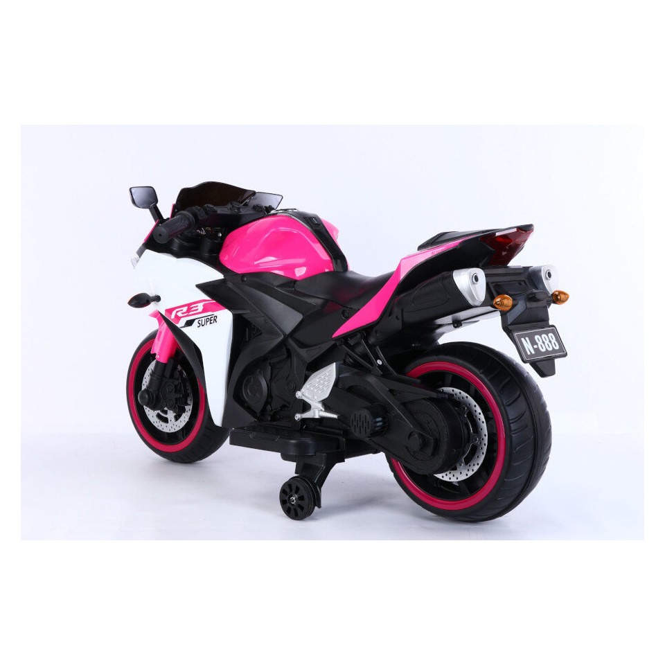 ES-Toys Elektro Kindermotorrad 888 – 12V 4,5A Akku – mit Stützräder, Musik und Lichter -Pink