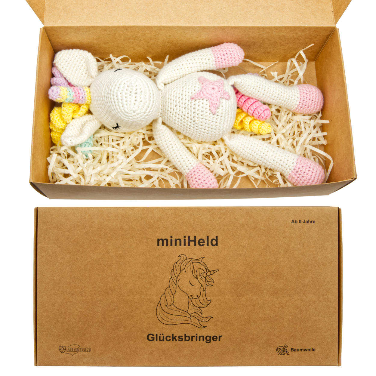 Handgestrickter Einhorn "Glücksbringer" Spielzeug gehäkelt in Handarbeit Spielzeug aus Baumwolle 28cm