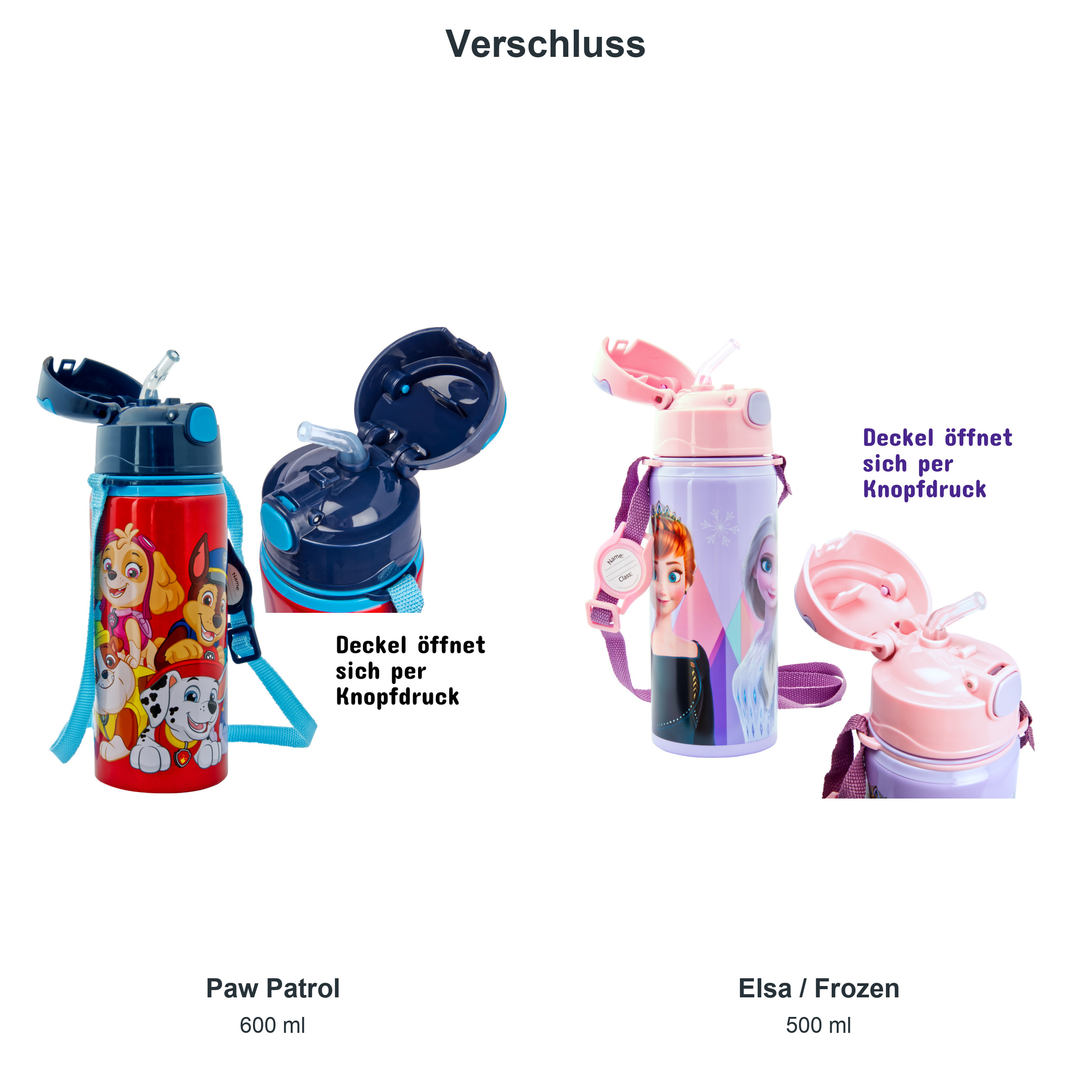 miniHeld Trinkflaschen-Set Paw Patrol + Elsa (Frozen), 2 Kinder Trinkflaschen Aluminium mit Tragegurt
