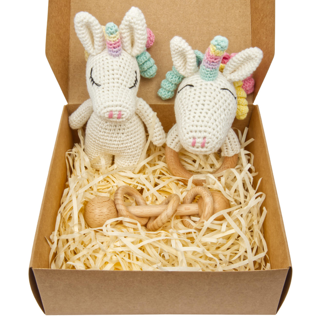 Handgestricktes Einhorn Rainbow Set Babyrassel Holz Baumwolle 16 cm Handgestricktes Einhorn Rainbow Set Babyrassel Holz Baumwolle 16 cm