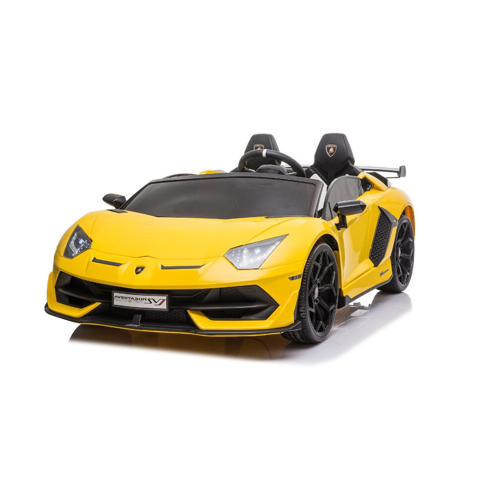 ES-Toys Kinderfahrzeug – Elektro Auto „Lamborghini Aventador SVJ Doppelsitzer“ – lizenziert – 12V7AH, 2 Motoren- 2,4Ghz Fernsteuerung, MP3, Ledersitz+EVA+Lackiert – Weiss