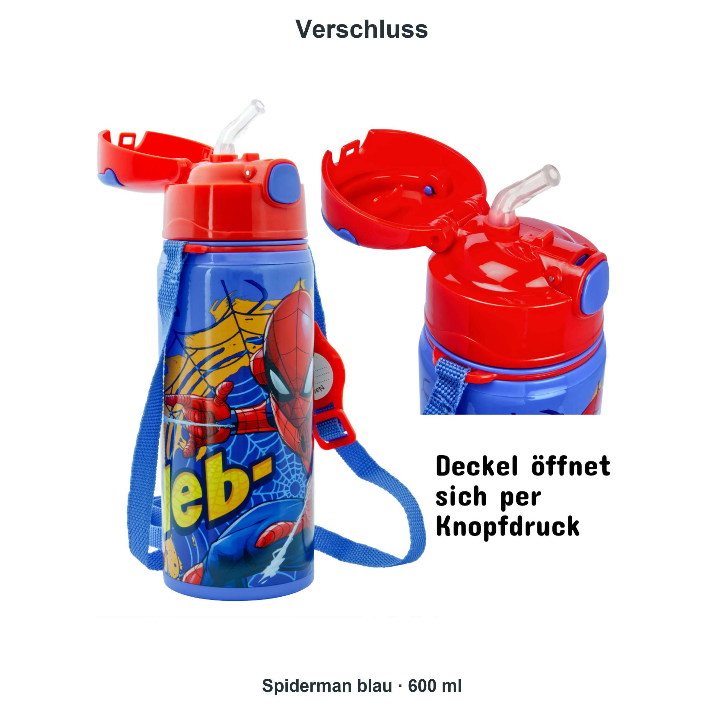 miniHeld Trinkflaschen-Set Spiderman blau 2er-Pack, 2 Kinder Trinkflaschen Aluminium mit Tragegurt