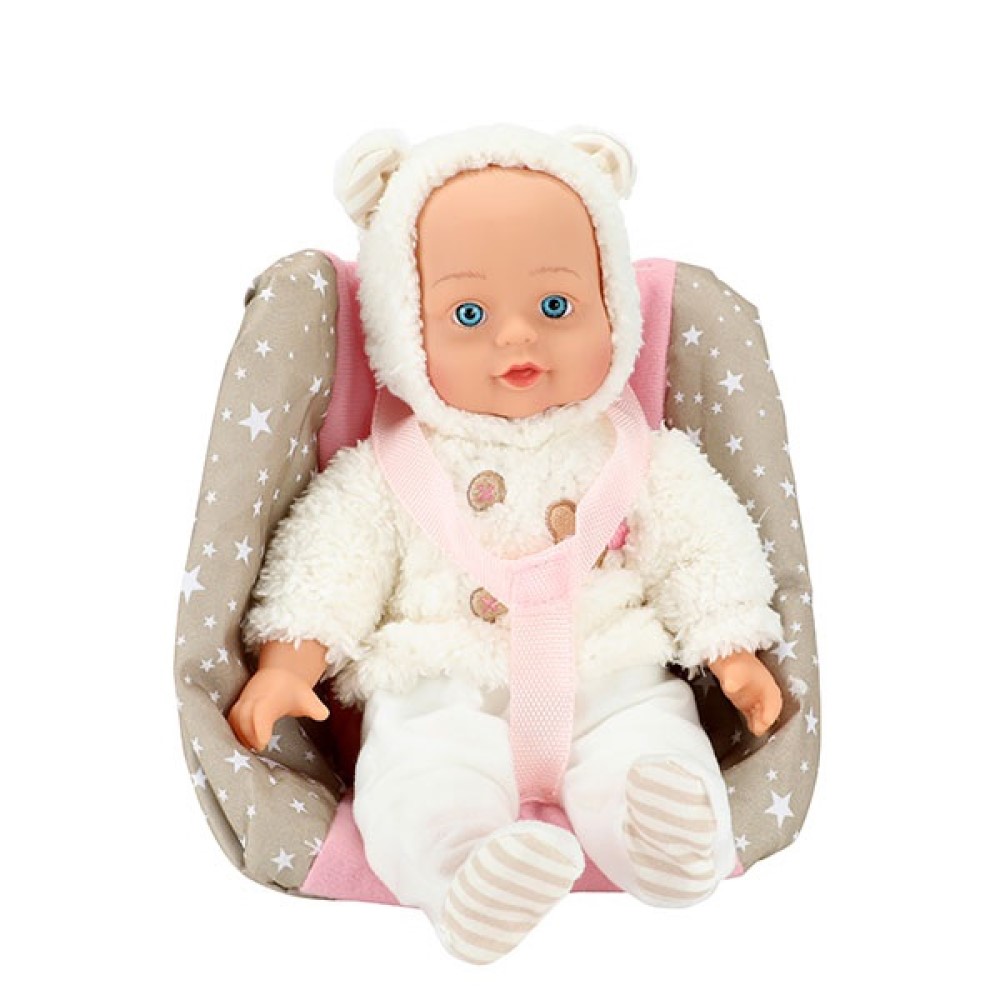 Babypuppe in Bären-Jacke und Kindersitz 33cm