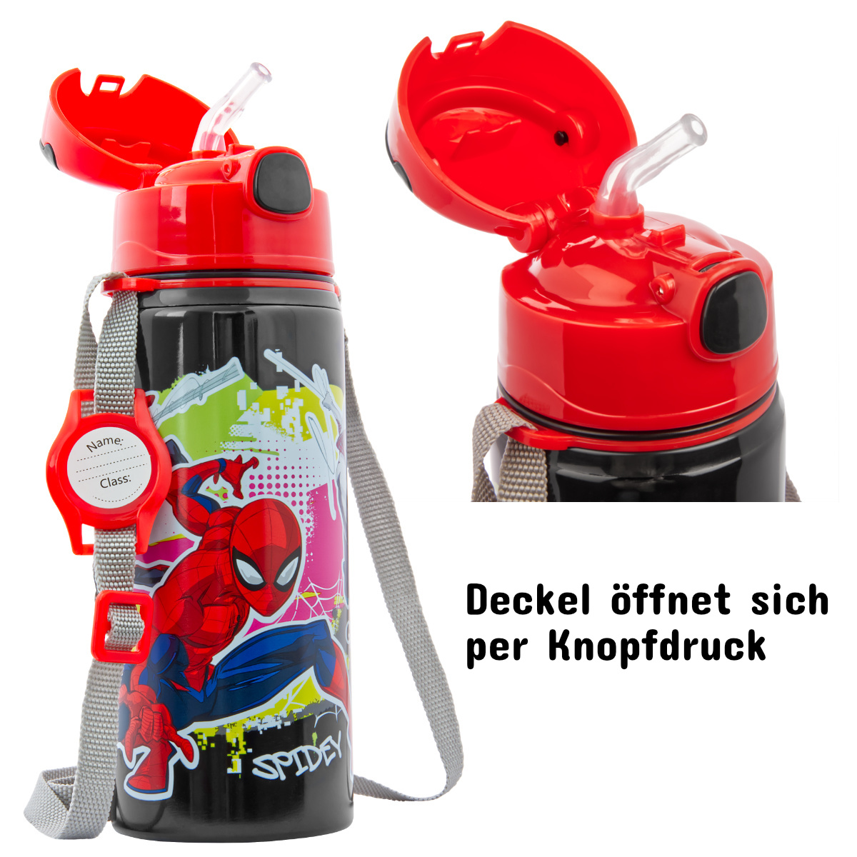 Trinkflasche Spiderman Schwarz mit Tragegurt Aluminium 600ml