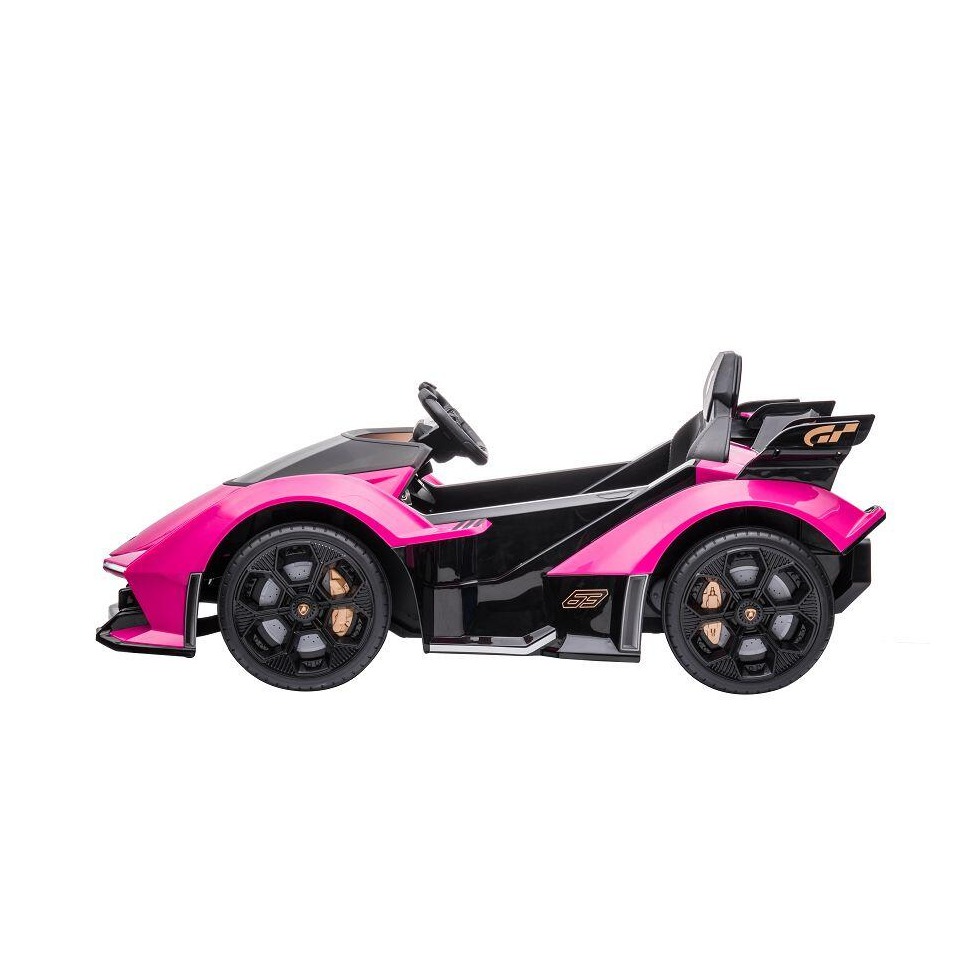 ES-Toys Kinderfahrzeug – Elektro Auto „Lamborghini V12 Vision Gran Turismo“ – lizenziert – 12V7AH, 2 Motoren- 2,4Ghz Fernsteuerung, MP3, Ledersitz+EVA – Weiss