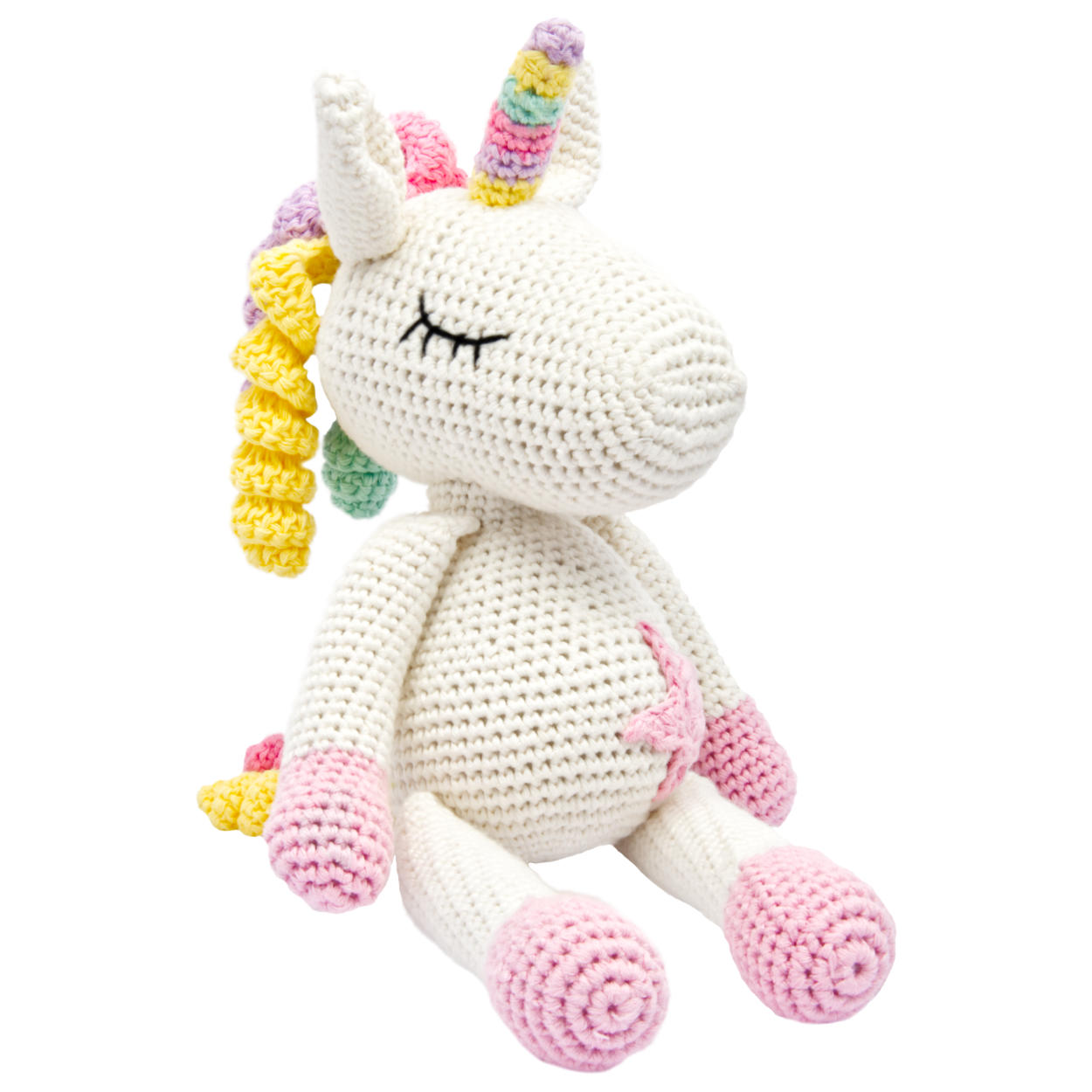 Handgestricktes Einhorn "Glücksbringer" Spielzeug aus Baumwolle 28cm