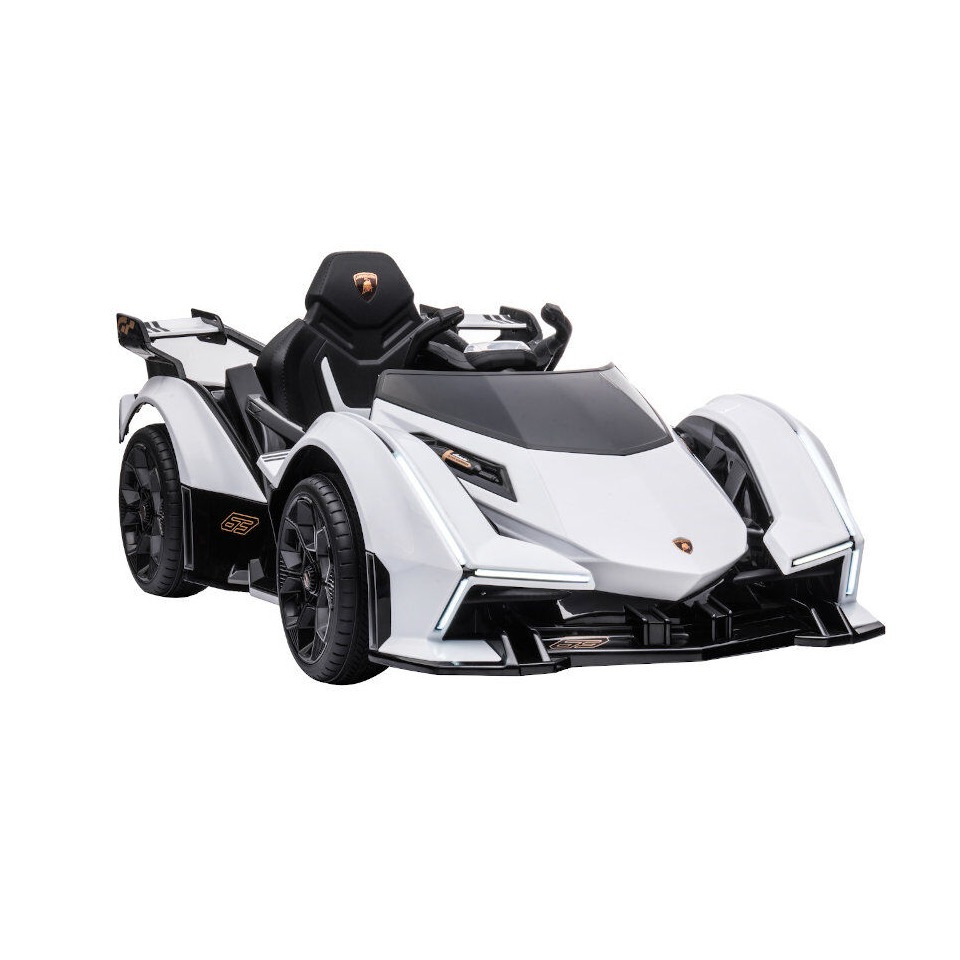 ES-Toys Kinderfahrzeug – Elektro Auto „Lamborghini V12 Vision Gran Turismo“ – lizenziert – 12V7AH, 2 Motoren- 2,4Ghz Fernsteuerung, MP3, Ledersitz+EVA – Weiss