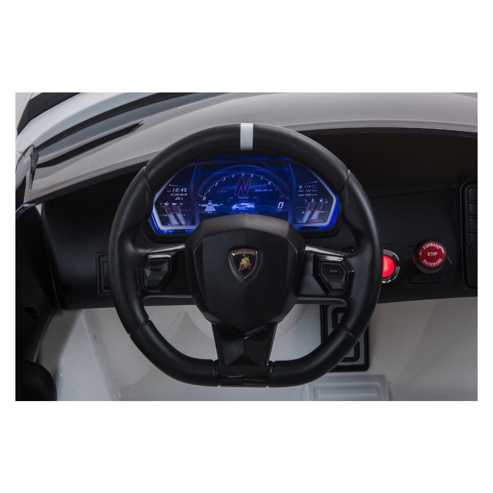 ES-Toys Kinderfahrzeug – Elektro Auto „Lamborghini Aventador SVJ Doppelsitzer“ – lizenziert – 12V7AH, 2 Motoren- 2,4Ghz Fernsteuerung, MP3, Ledersitz+EVA+Lackiert – Weiss