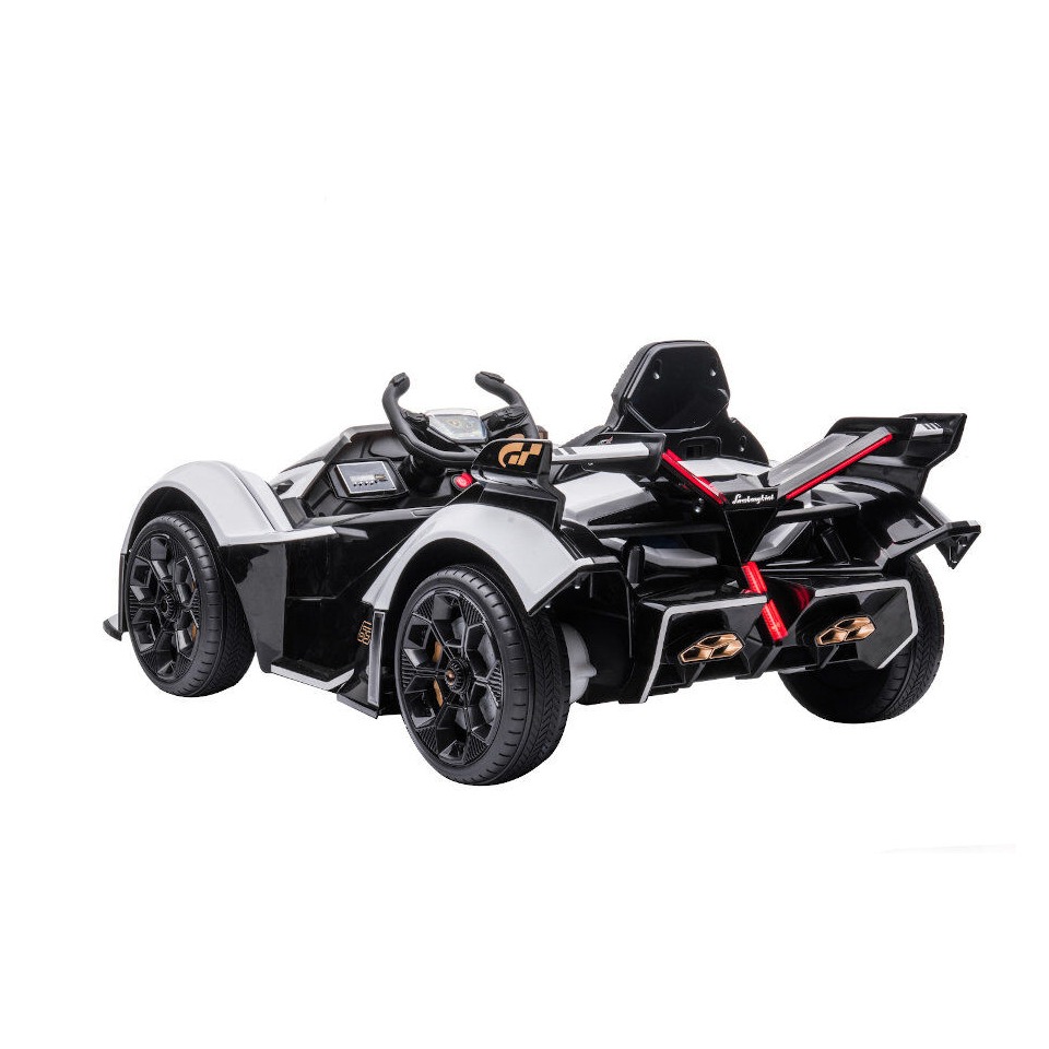 ES-Toys Kinderfahrzeug – Elektro Auto „Lamborghini V12 Vision Gran Turismo“ – lizenziert – 12V7AH, 2 Motoren- 2,4Ghz Fernsteuerung, MP3, Ledersitz+EVA – Weiss