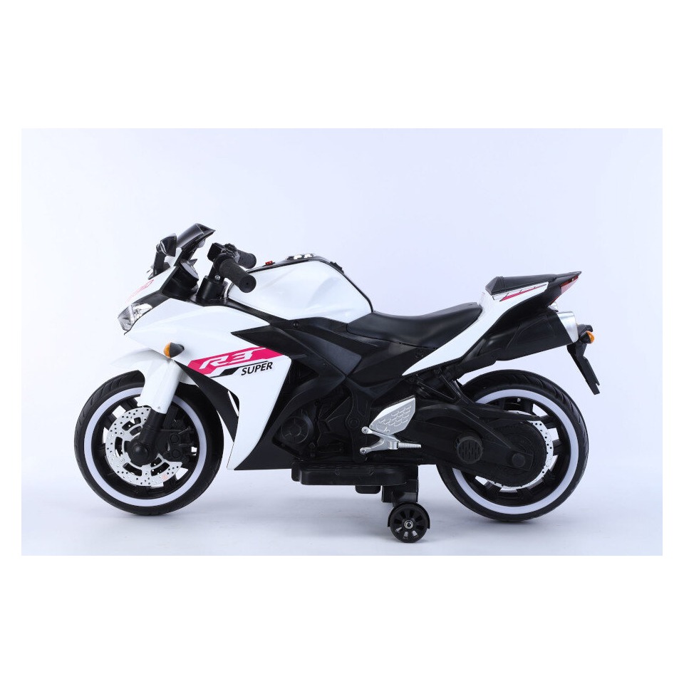 ES-Toys Elektro Kindermotorrad 888 – 12V 4,5A Akku – mit Stützräder, Musik und Lichter -Weiss